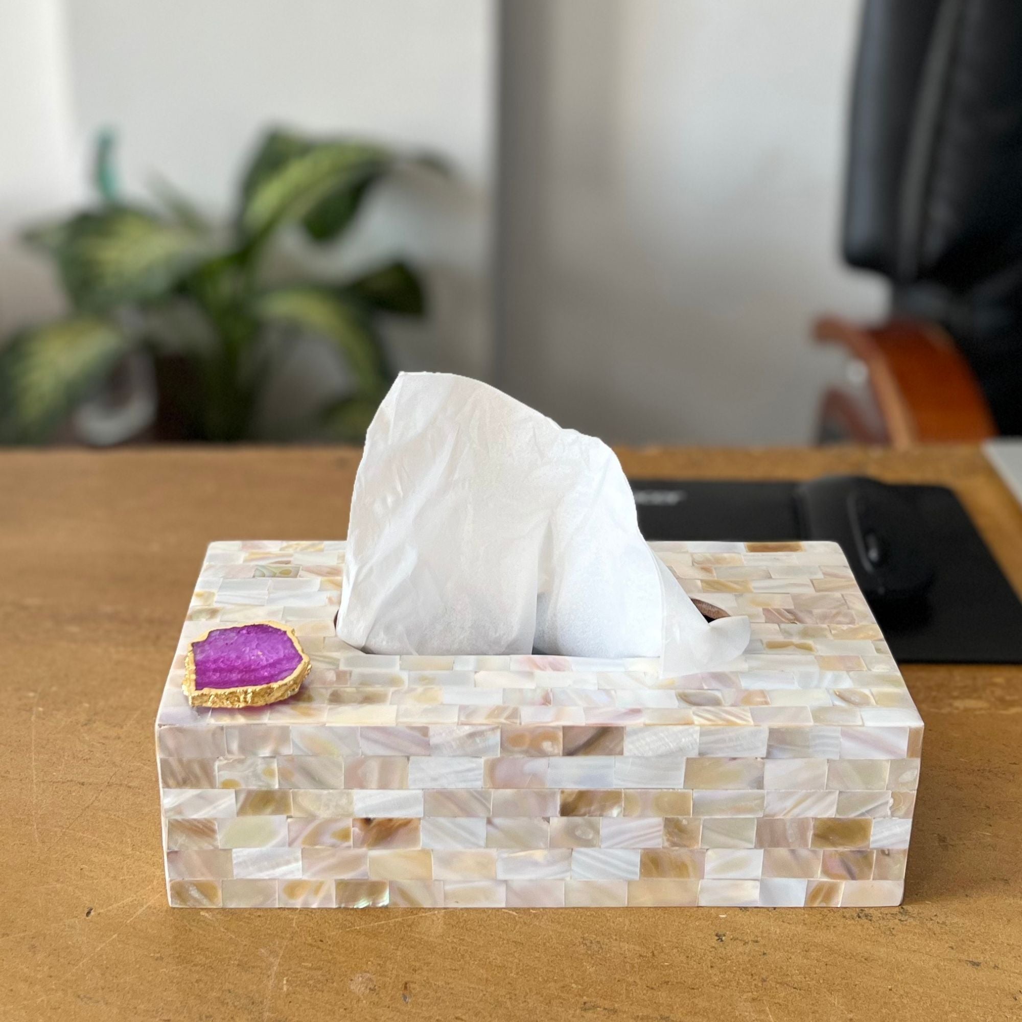 Pink Agate with  Mother of Pearl Tissue Box Holder