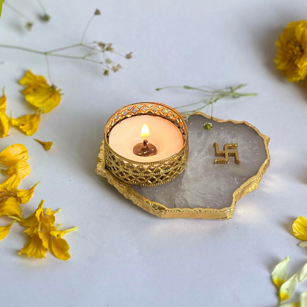 Swastika Agate Tea Light Candle Holder, Diwali Decor