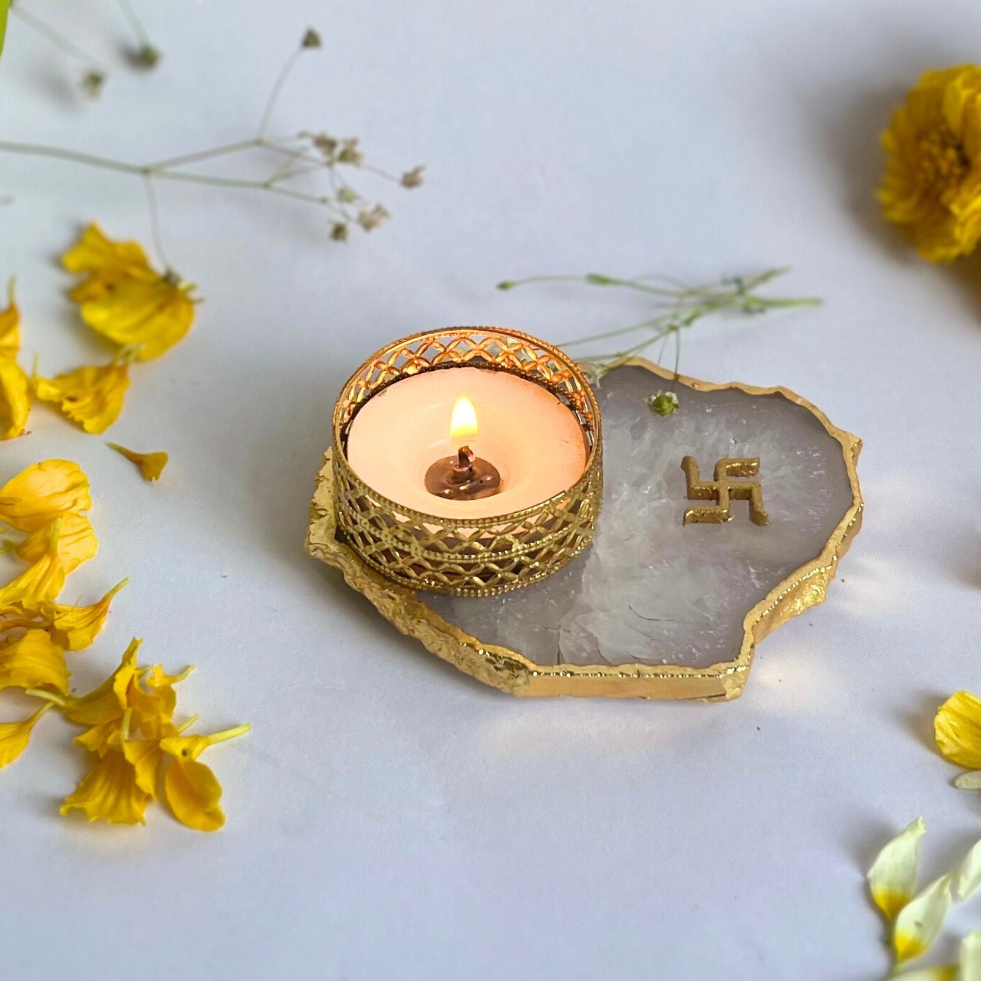 Swastika Agate Tea Light Candle Holder, Diwali Decor