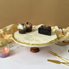 Marble Gold Plated Cake Stand with Wooden Base - 10 Inches