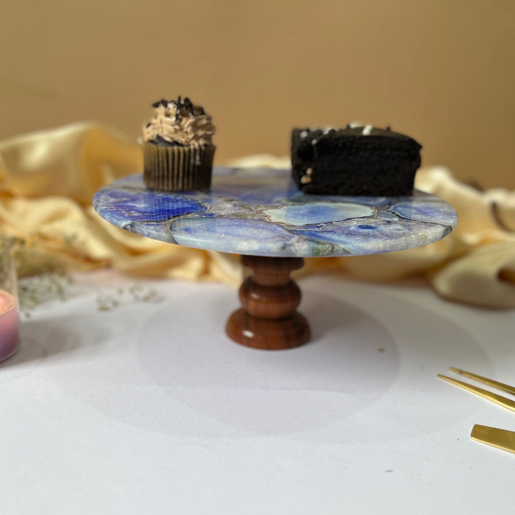 Blue Agate Cake Stand with Wooden Base -10 Inches