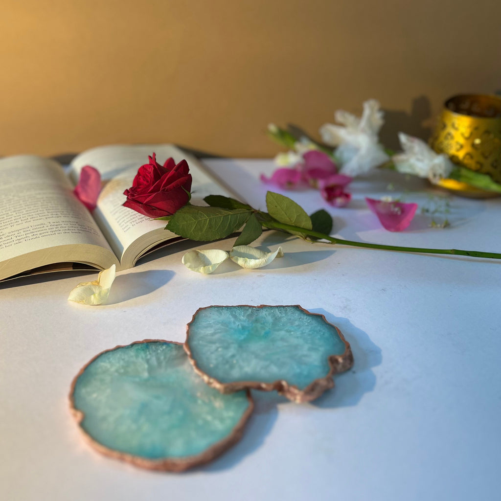 Green  Crystal Agate Coaster With Rose Gold Plating
