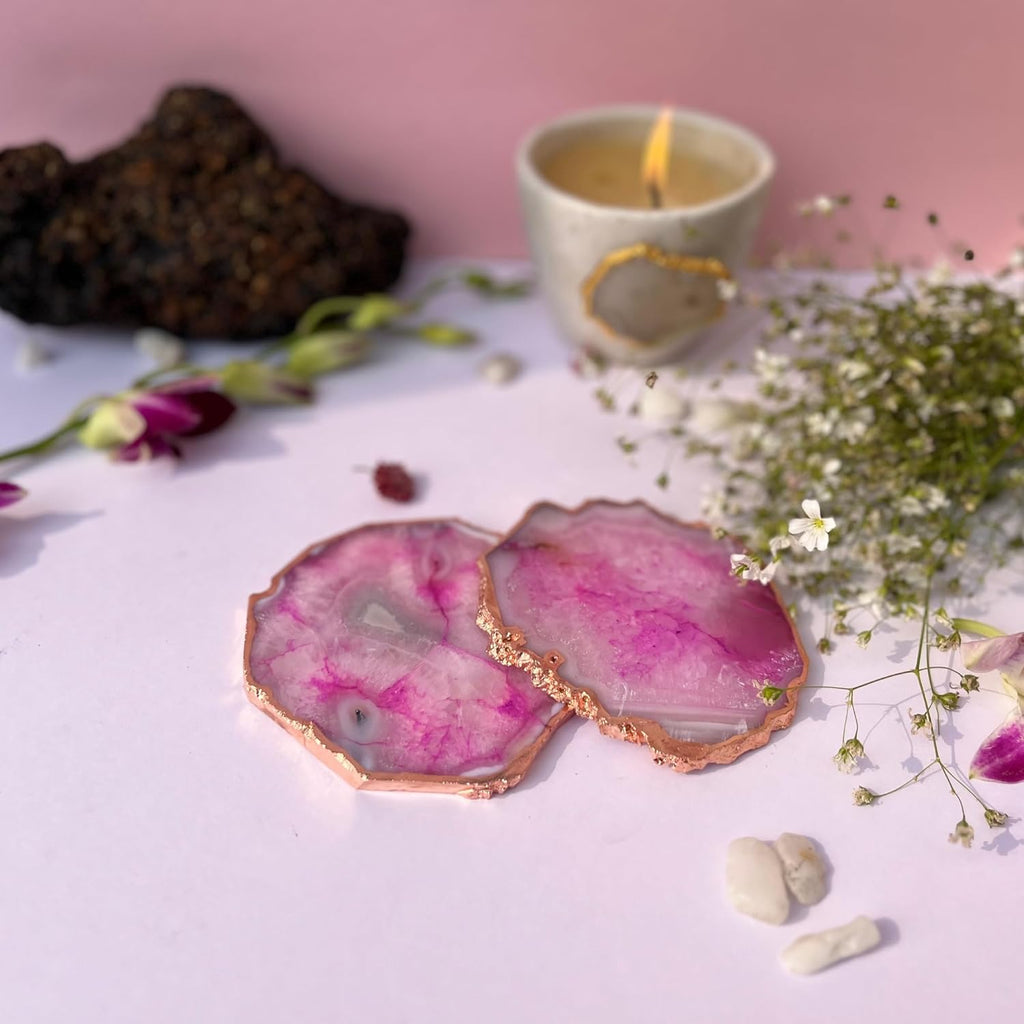 Pink  Brazilian Agate Coaster With Rose Gold Plating