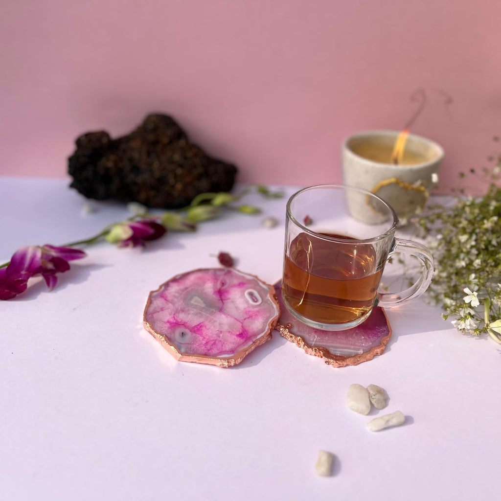 Pink  Brazilian Agate Coaster With Rose Gold Plating