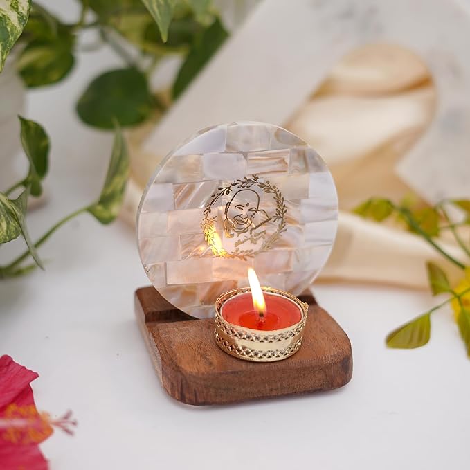 Ganesha Tea Light Holder Mother of Pearl with Wood Festive