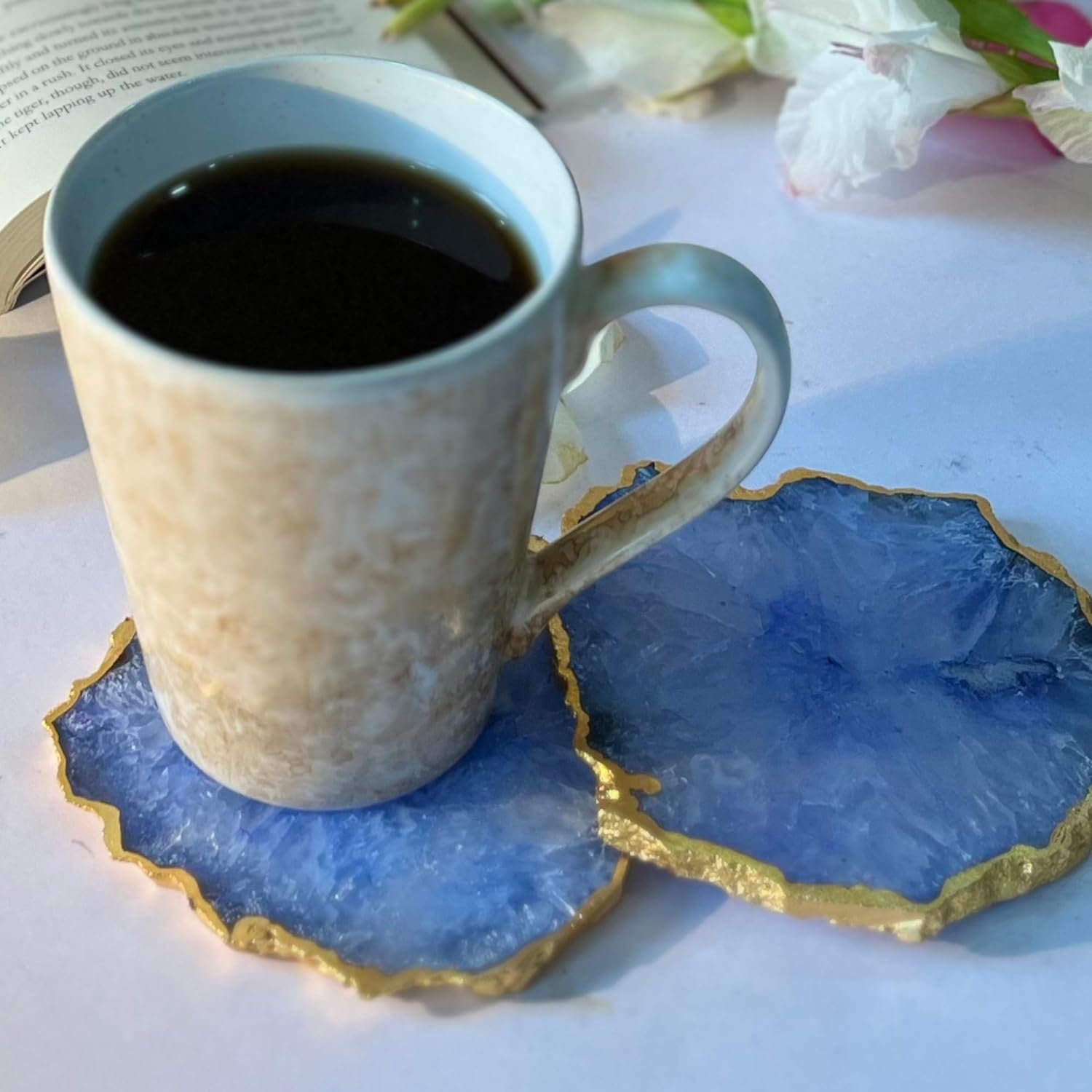 Blue  Crystal Agate Coaster With Gold Plating