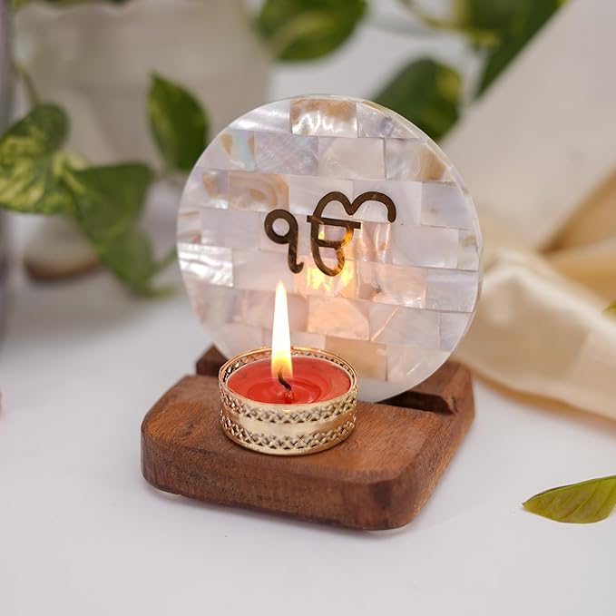 Namokar Mantra  Tea Light Holder Mother of Pearl with Wood