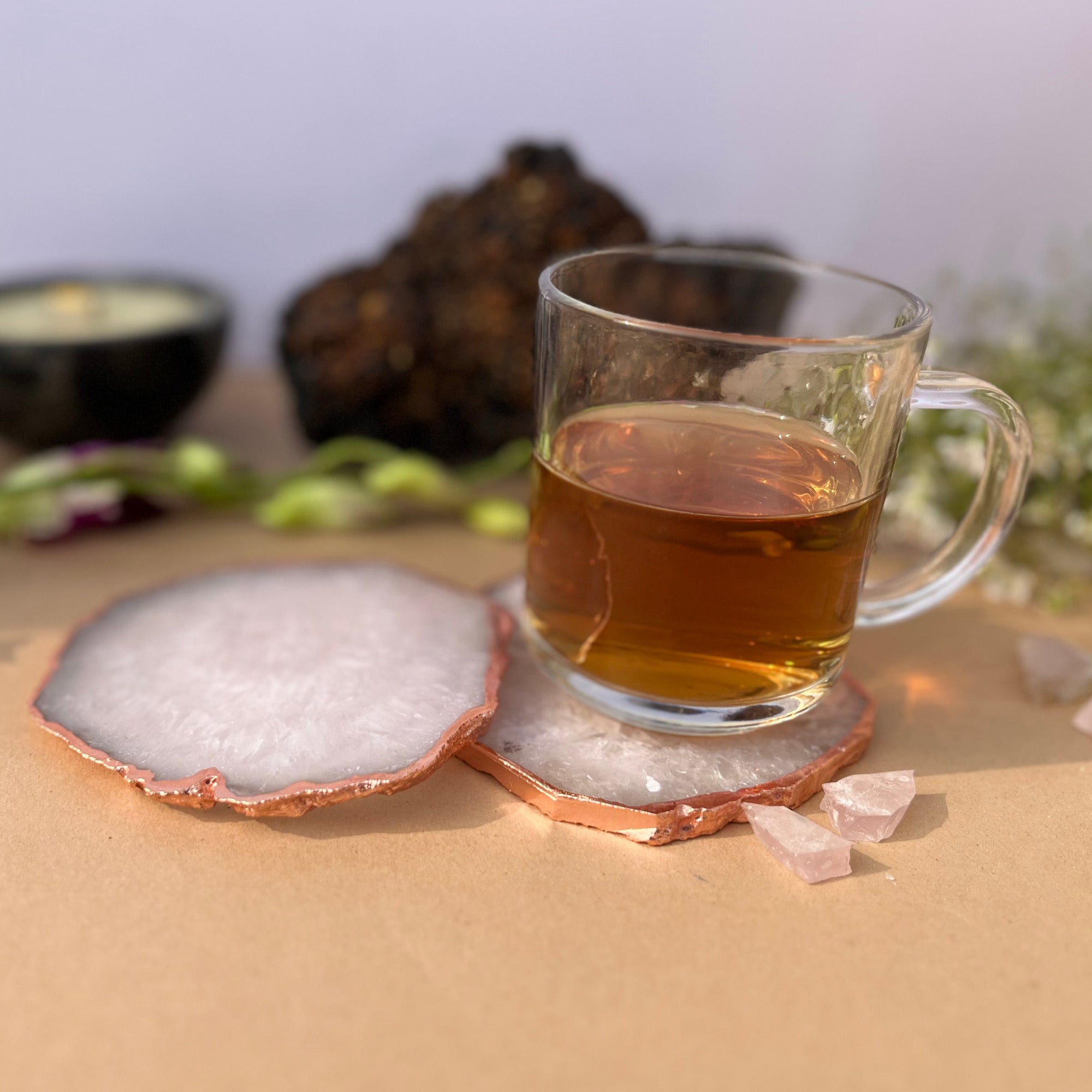 Brown  Crystal Agate Coaster With Rose Gold Plating