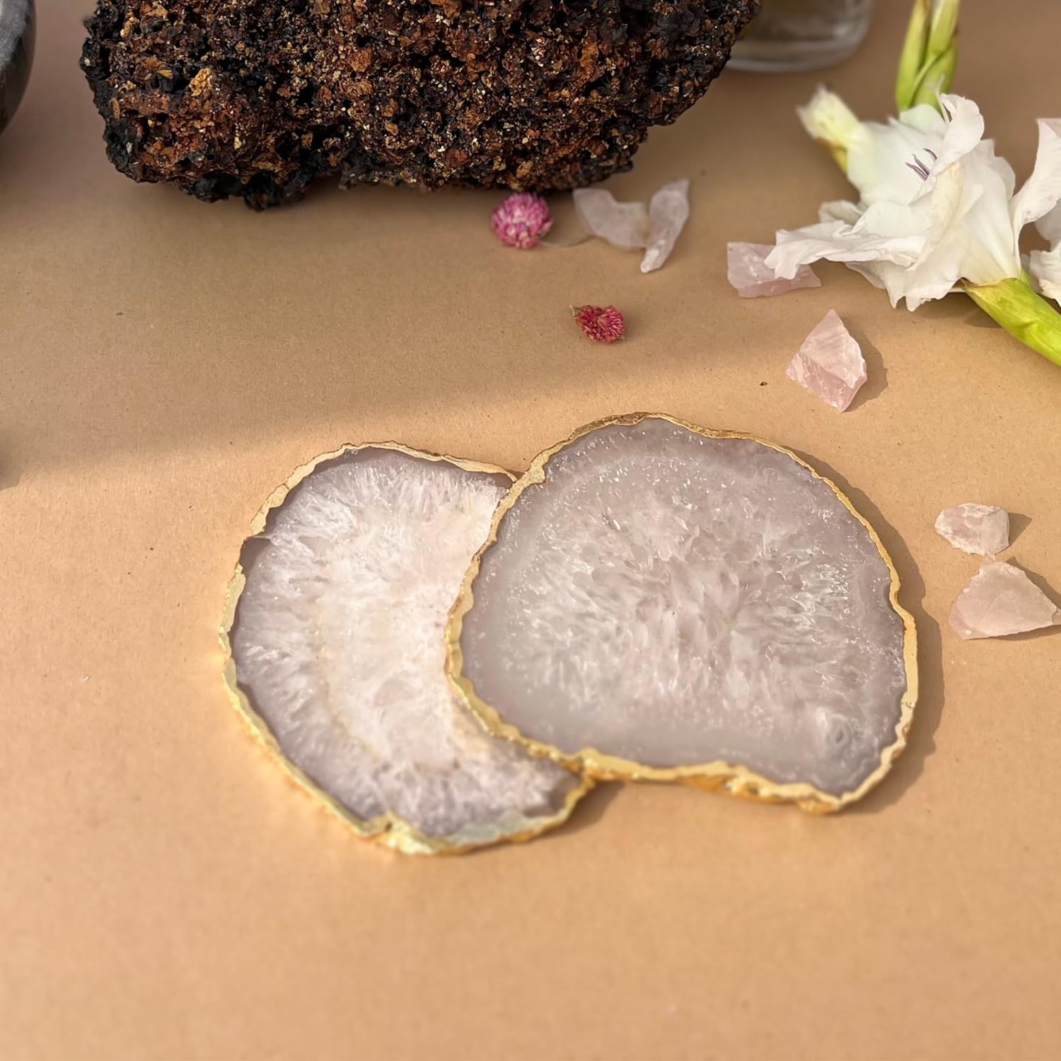 Pink  Crystal Agate Coaster  With Gold Plating