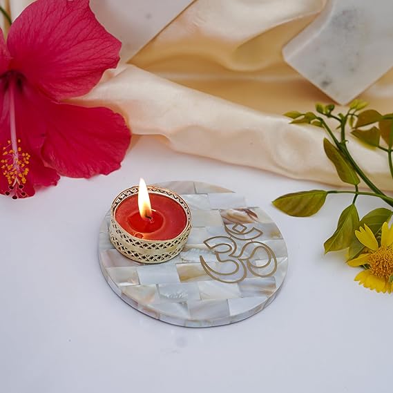 OM Tea Light Holder Mother of Pearl Festive Home Décor Light Holder