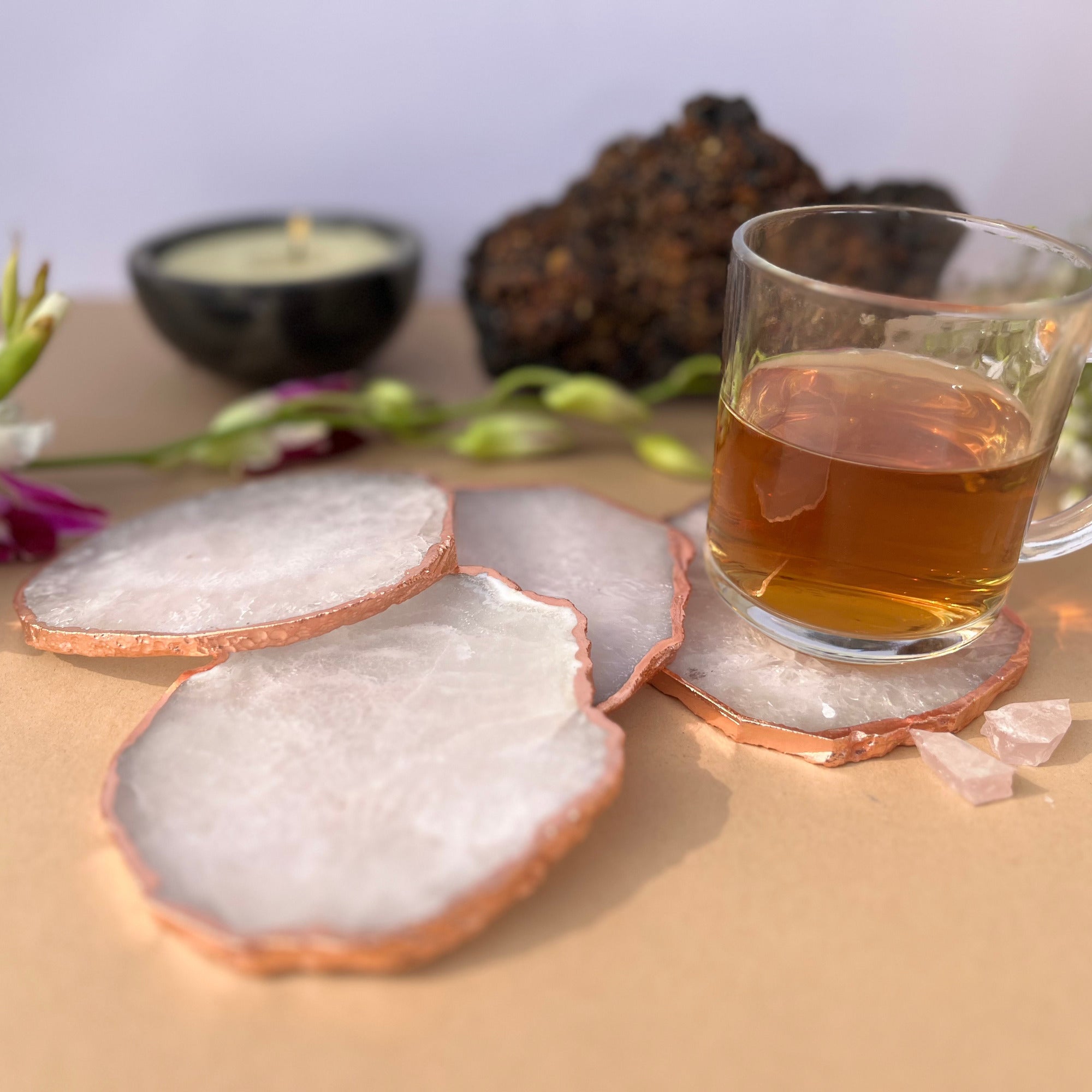 White  Crystal Agate Coaster With Rose Gold Plating