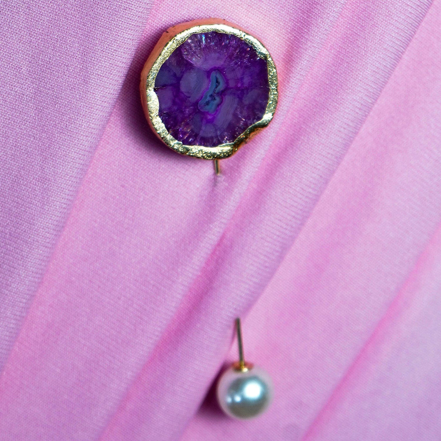 Pink Solar Agate Gold Plated Brooch