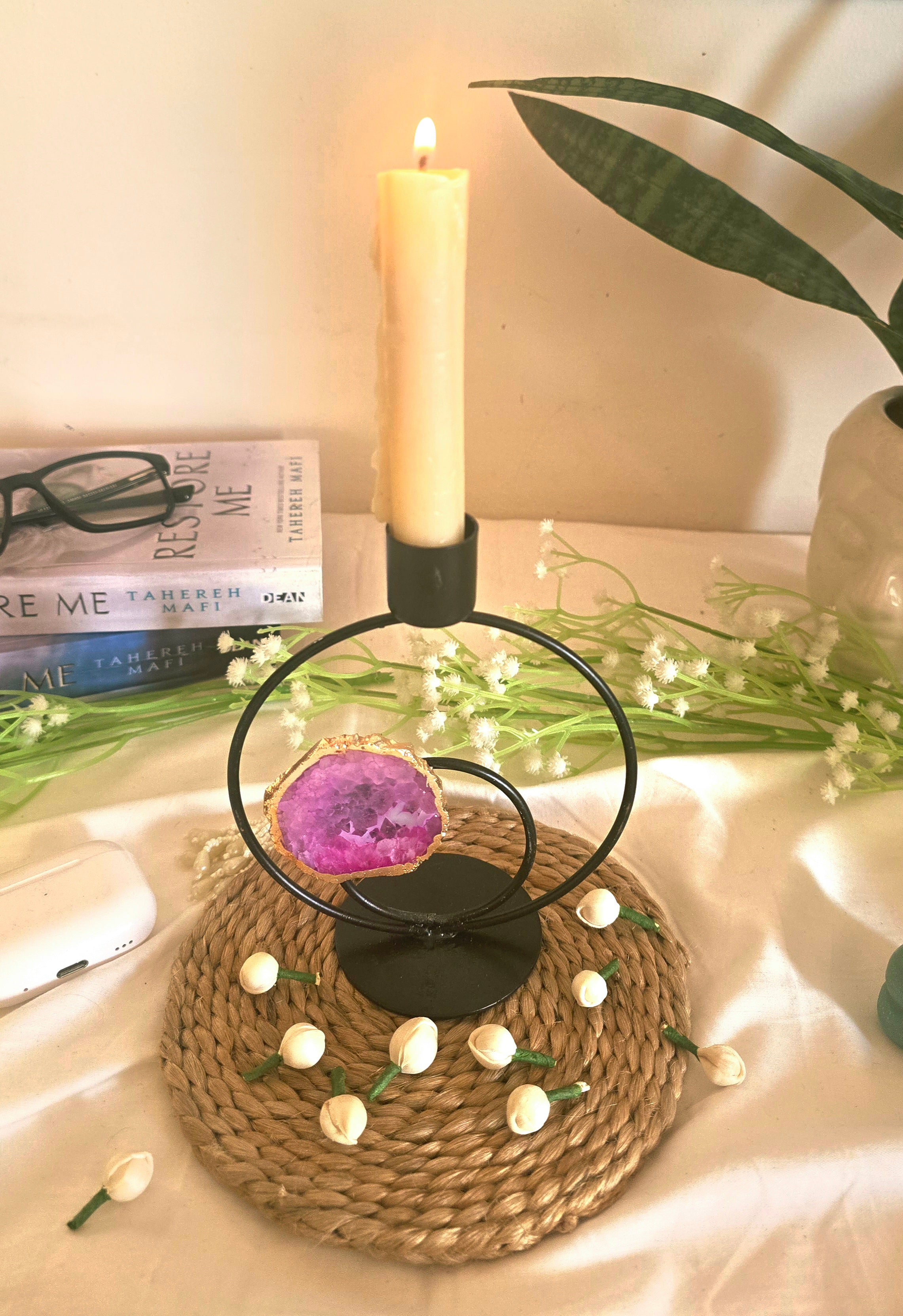 Candle Stand Double Metal Ring Round with Pink Agate