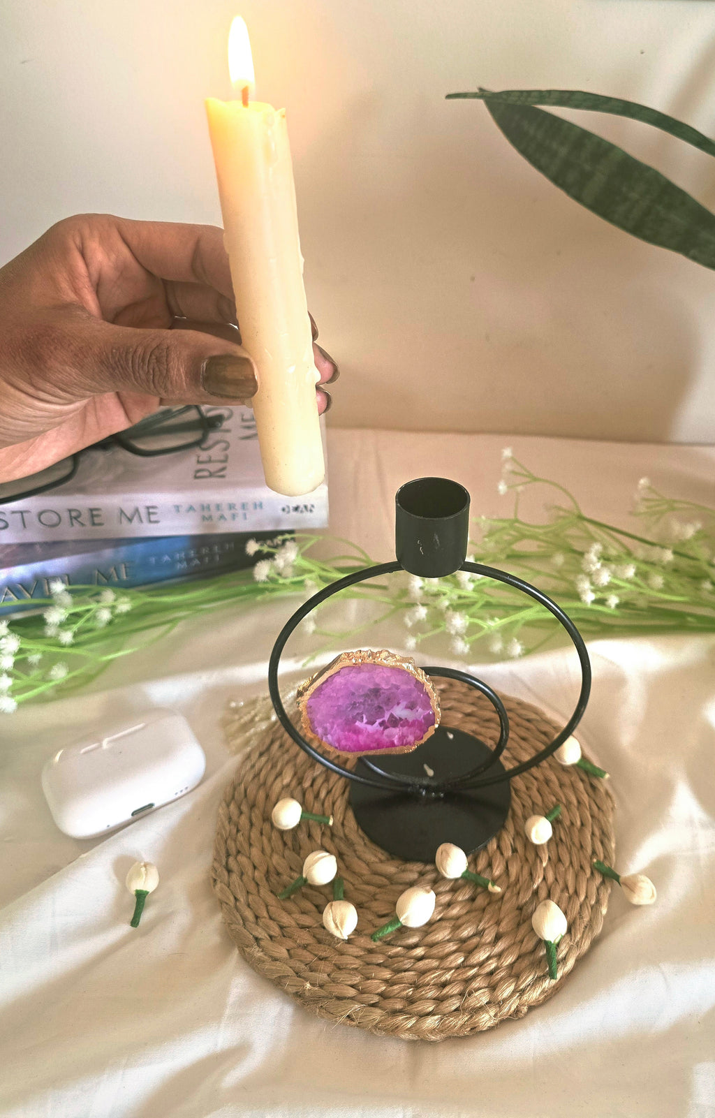 Candle Stand Double Metal Ring Round with Pink Agate