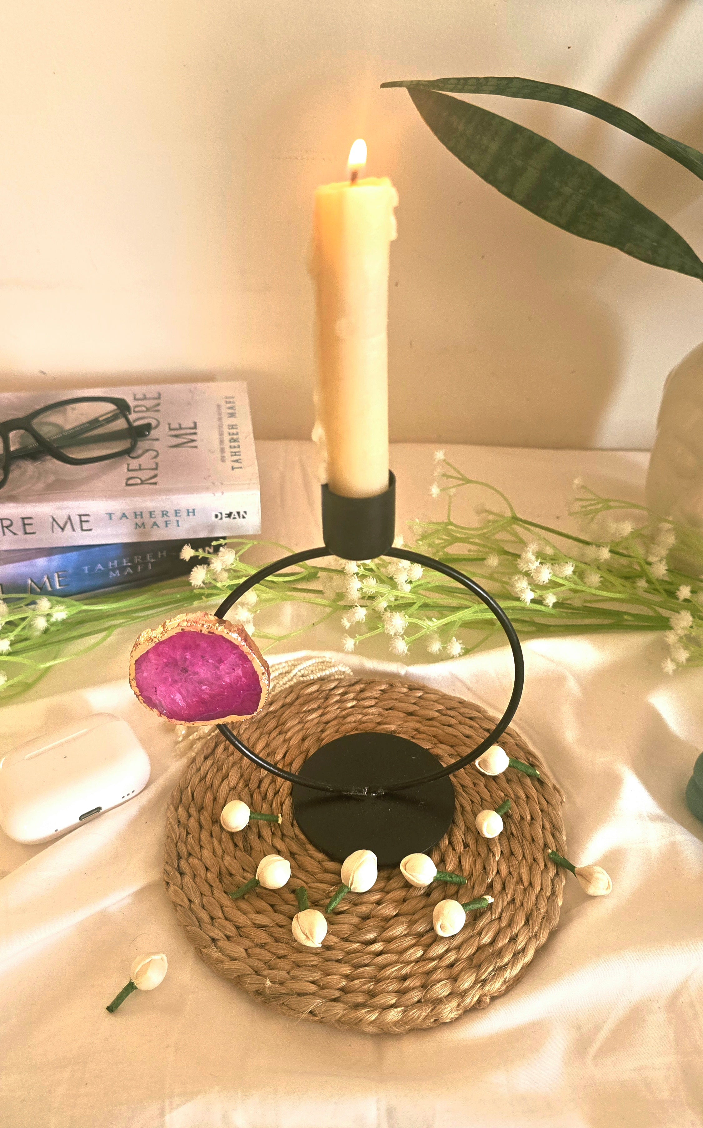 Candle Stand Metal Round with Pink Agate