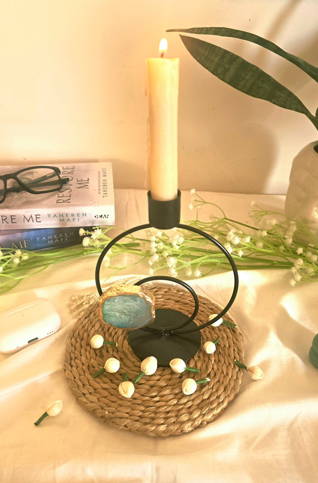 Candle Stand Double Metal Ring Round with Turquoise Agate