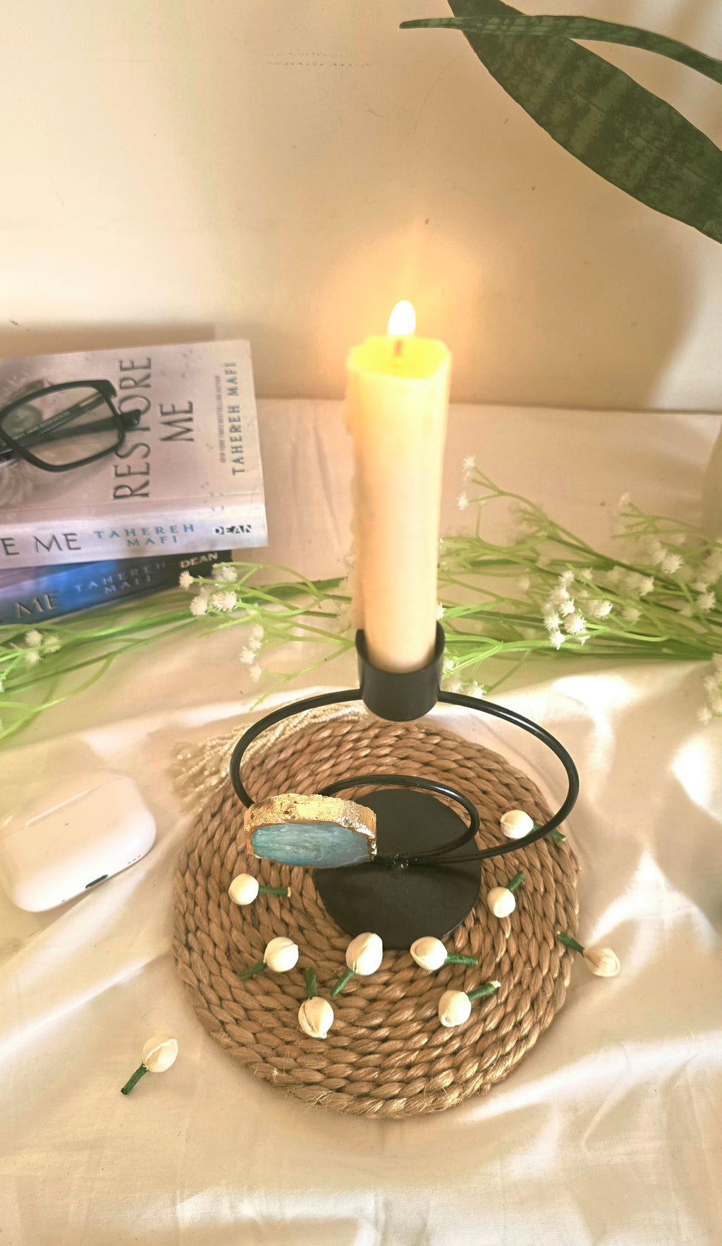 Candle Stand Double Metal Ring Round with Turquoise Agate