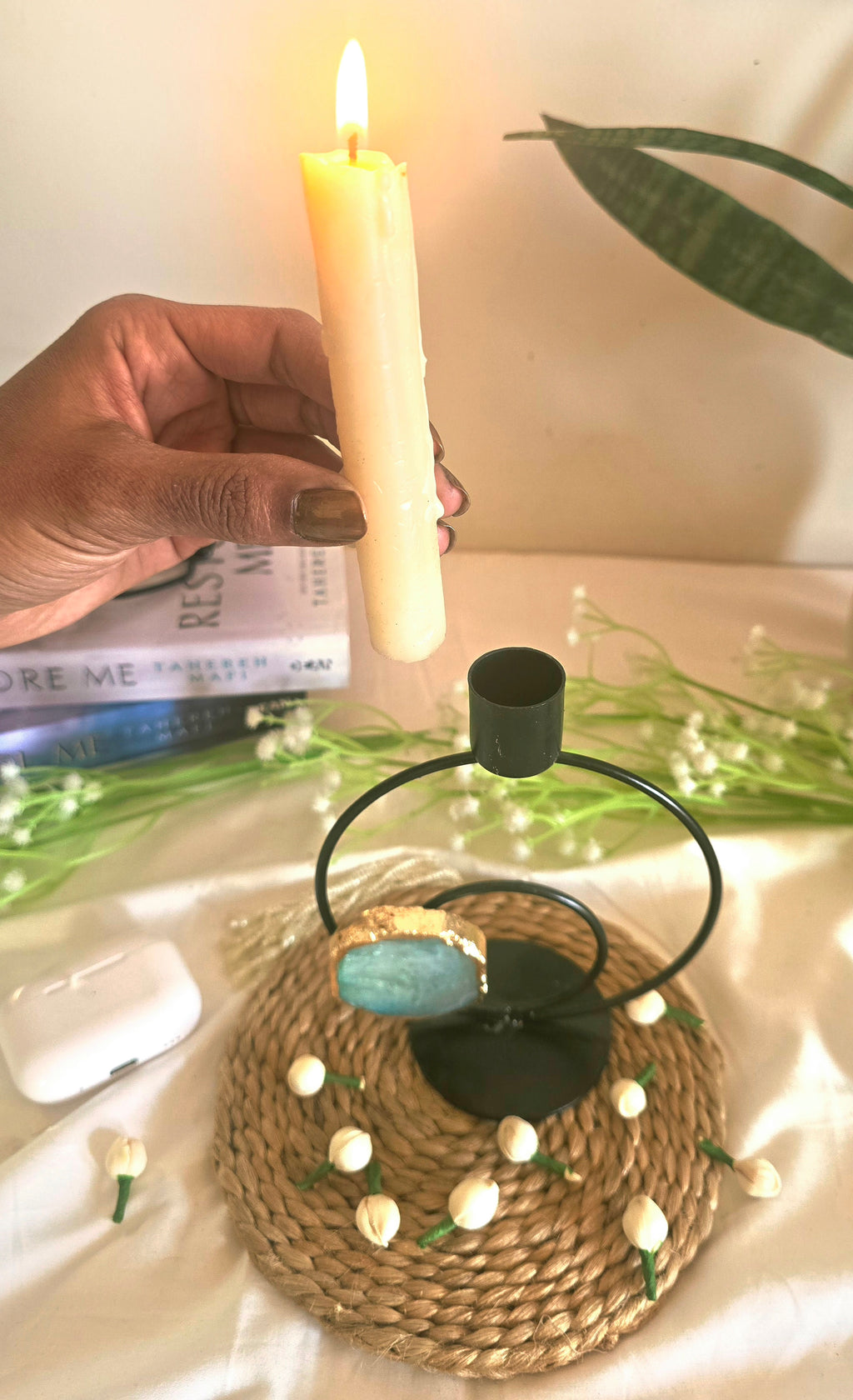 Candle Stand Double Metal Ring Round with Turquoise Agate