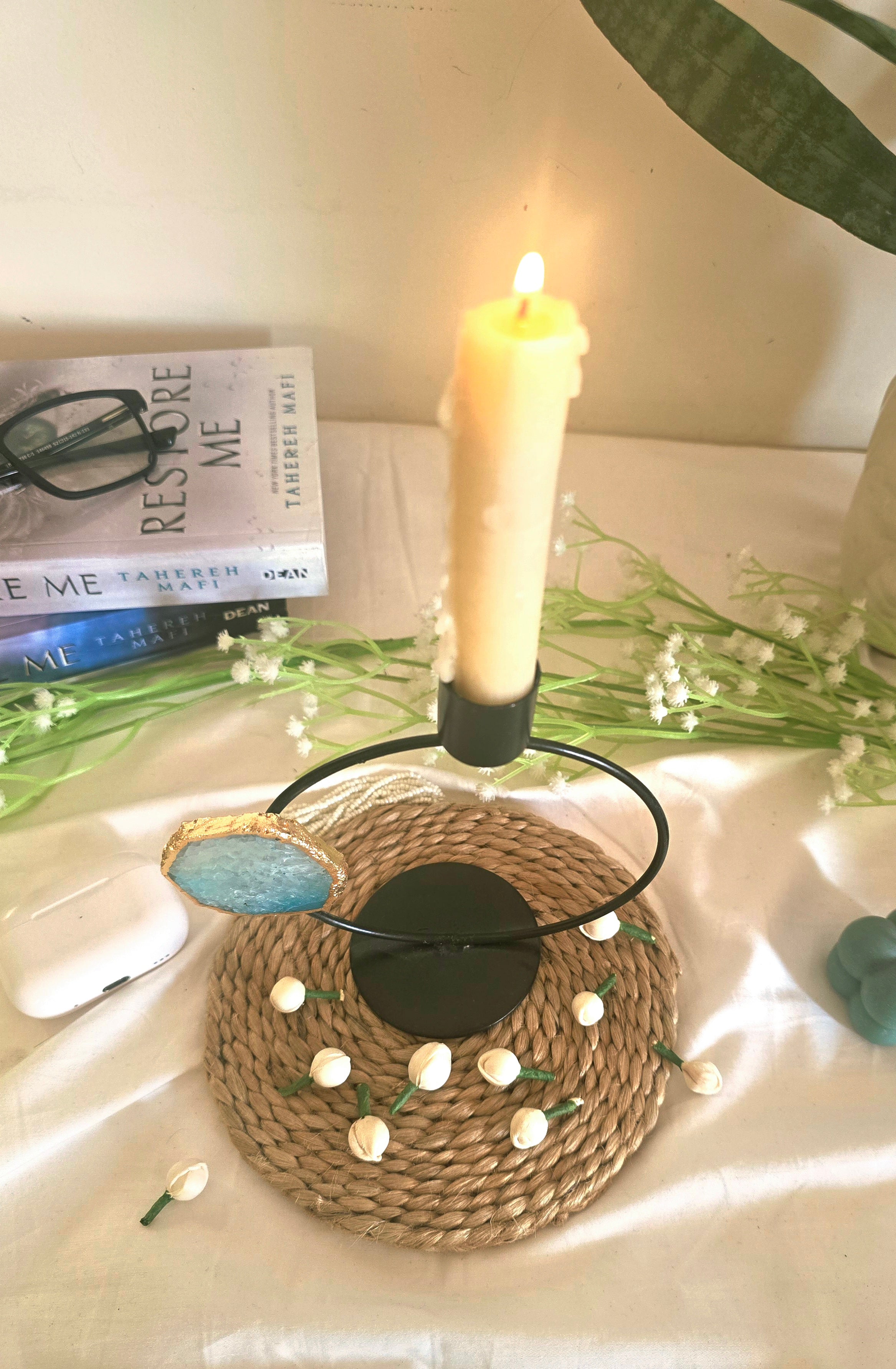 Candle Stand Metal Round with Turquoise Agate