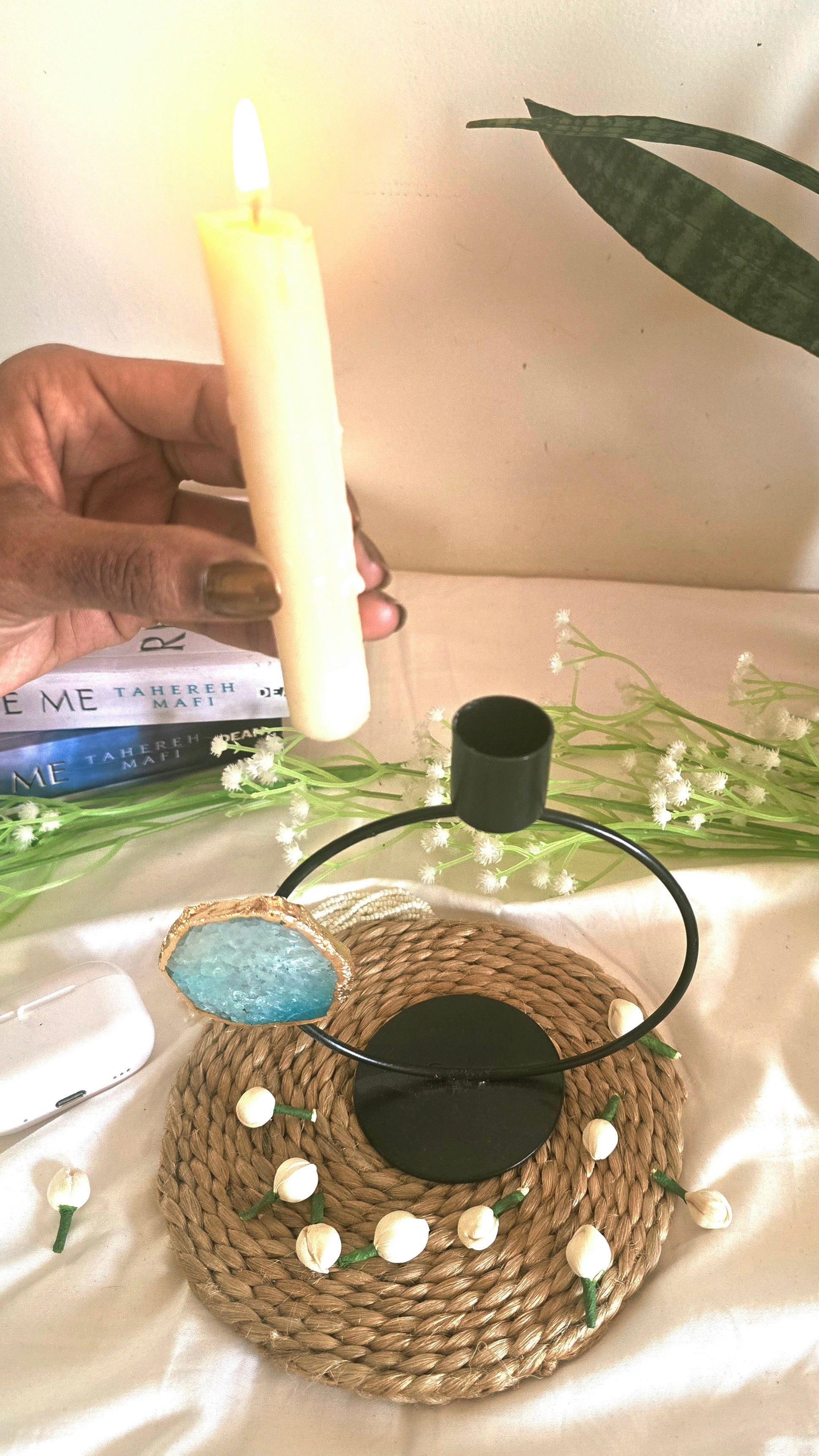 Candle Stand Metal Round with Turquoise Agate