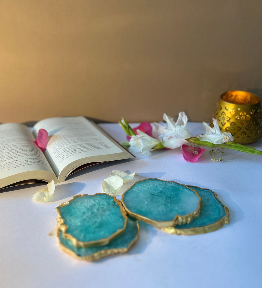 Crystal Agate Coaster Gold Plated Set of 4- Green