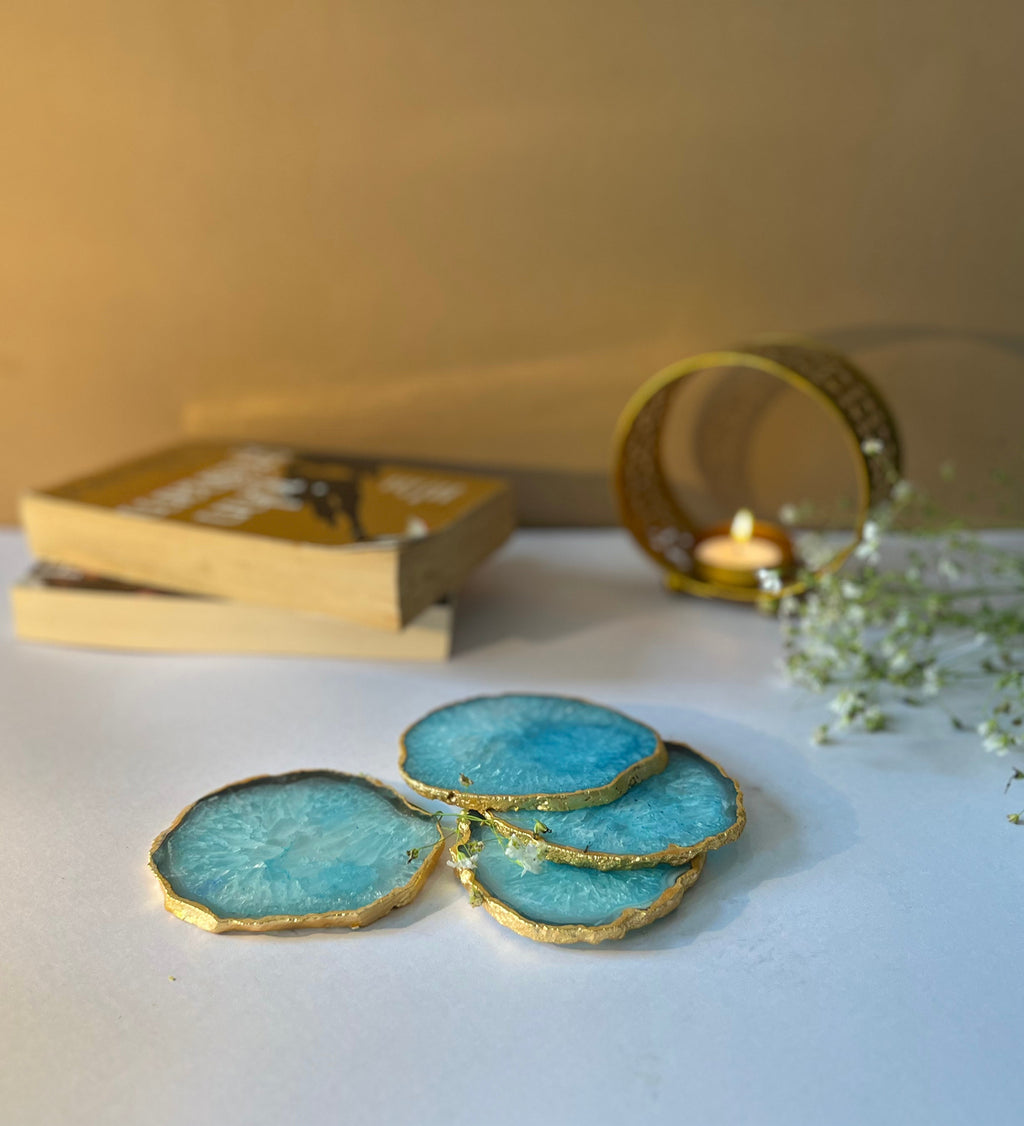 Crystal Agate Coaster Gold Plated Set of 4- Turquoise