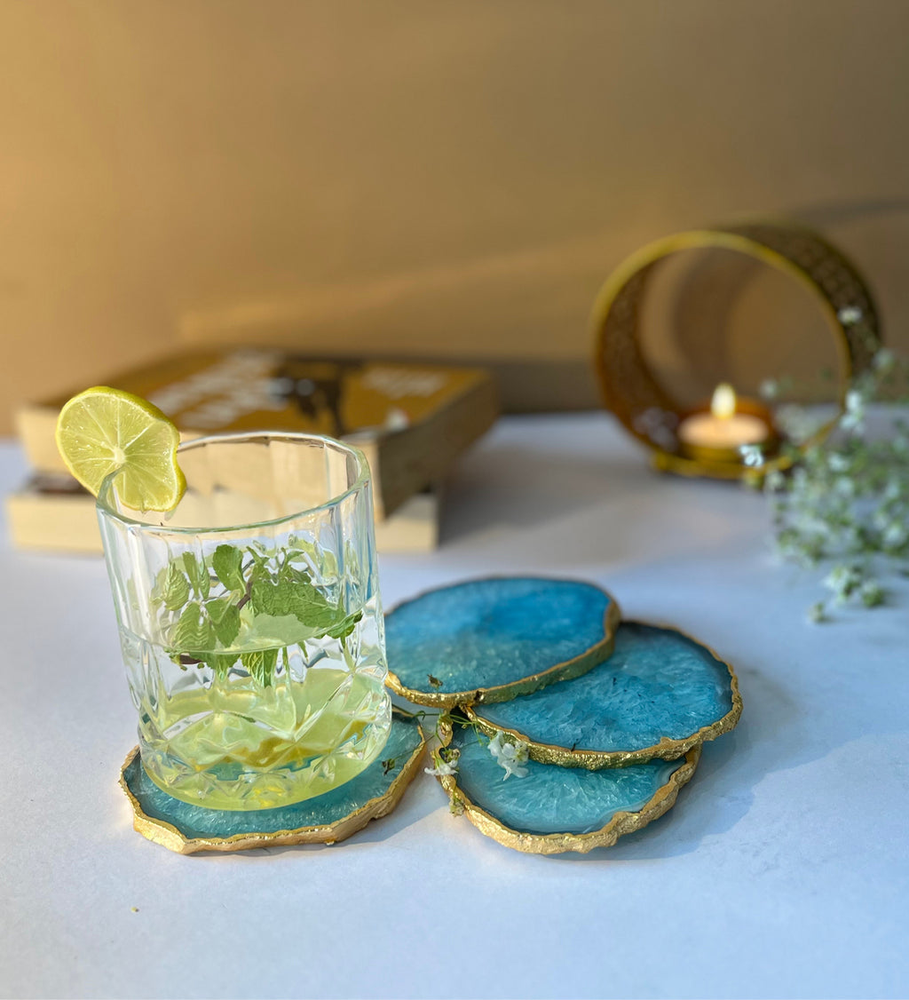 Crystal Agate Coaster Gold Plated Set of 4- Turquoise