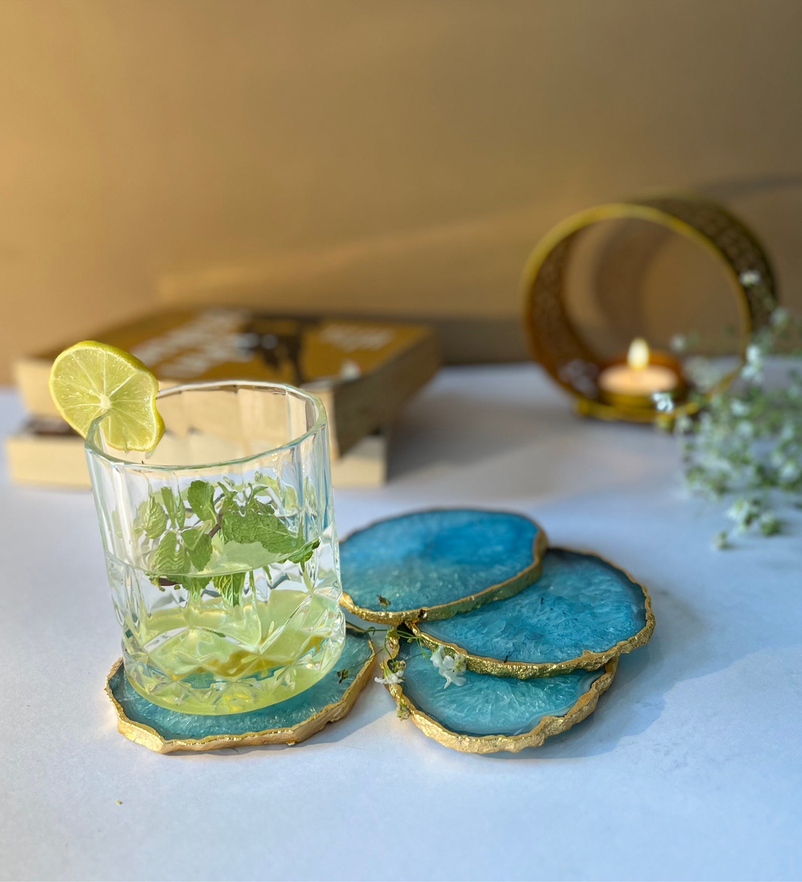 Crystal Agate Coaster Gold Plated Set of 4- Turquoise