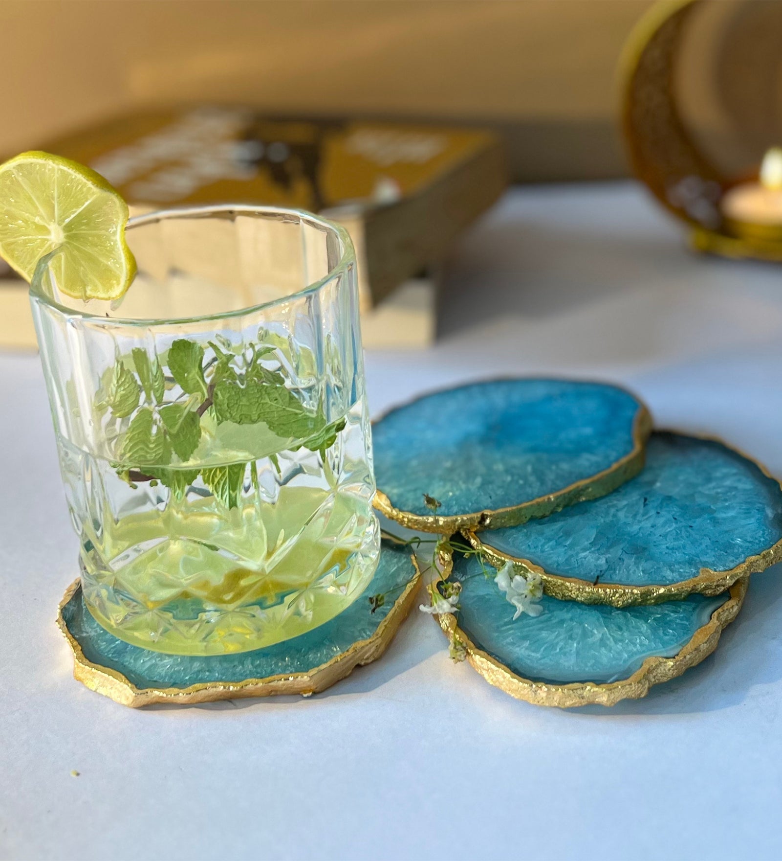 Crystal Agate Coaster Gold Plated Set of 4- Turquoise