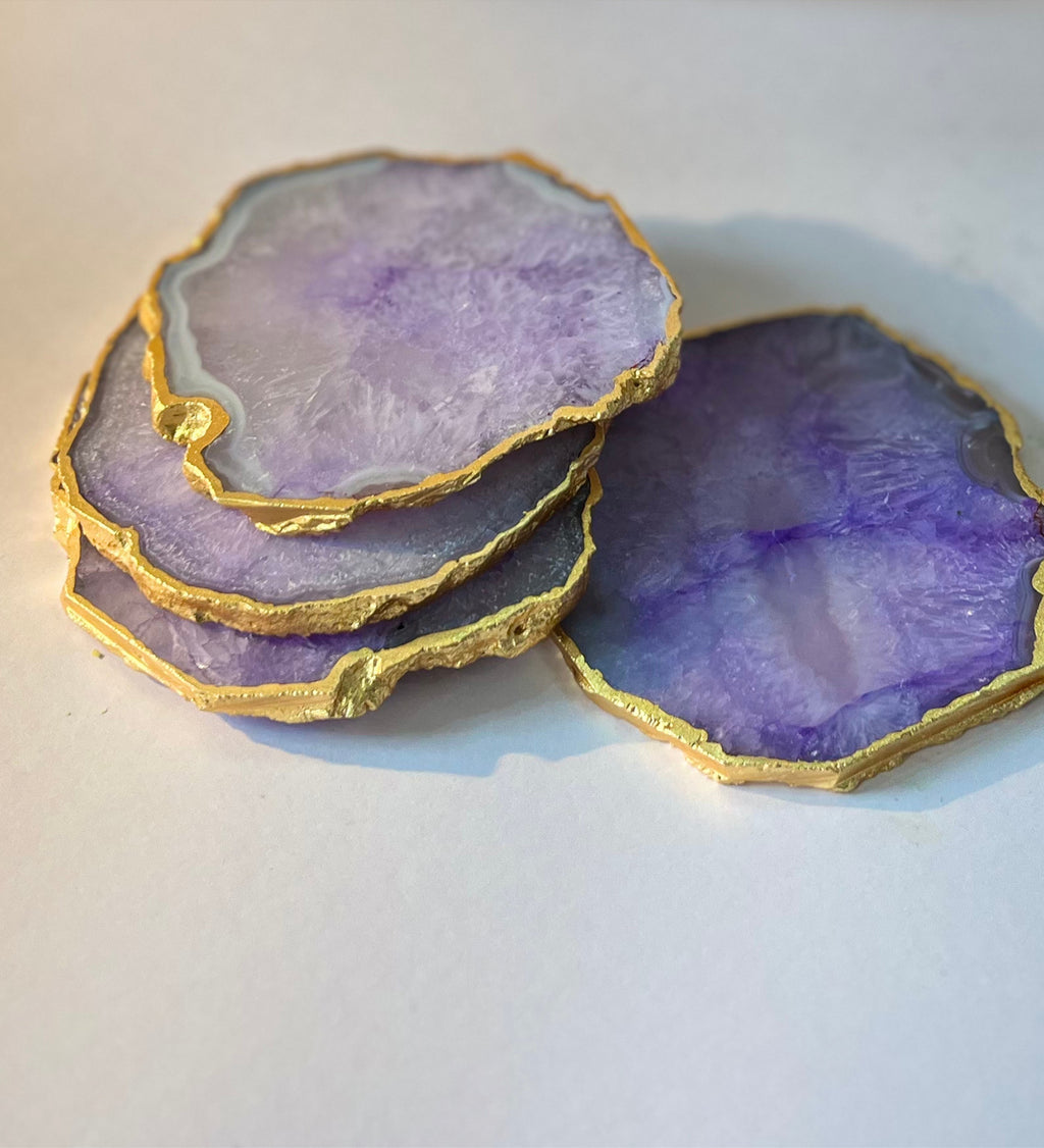Crystal Agate Coaster Gold Plated Set of 4- Purple