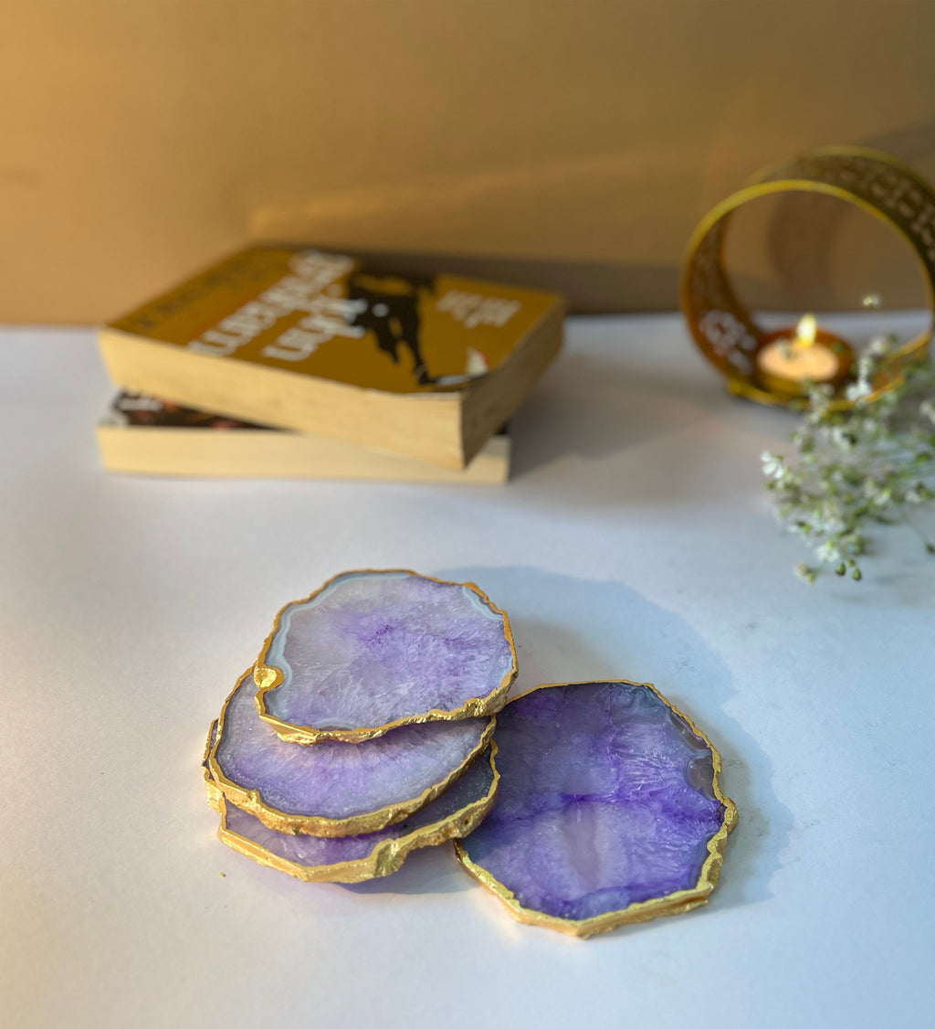 Crystal Agate Coaster Gold Plated Set of 4- Purple