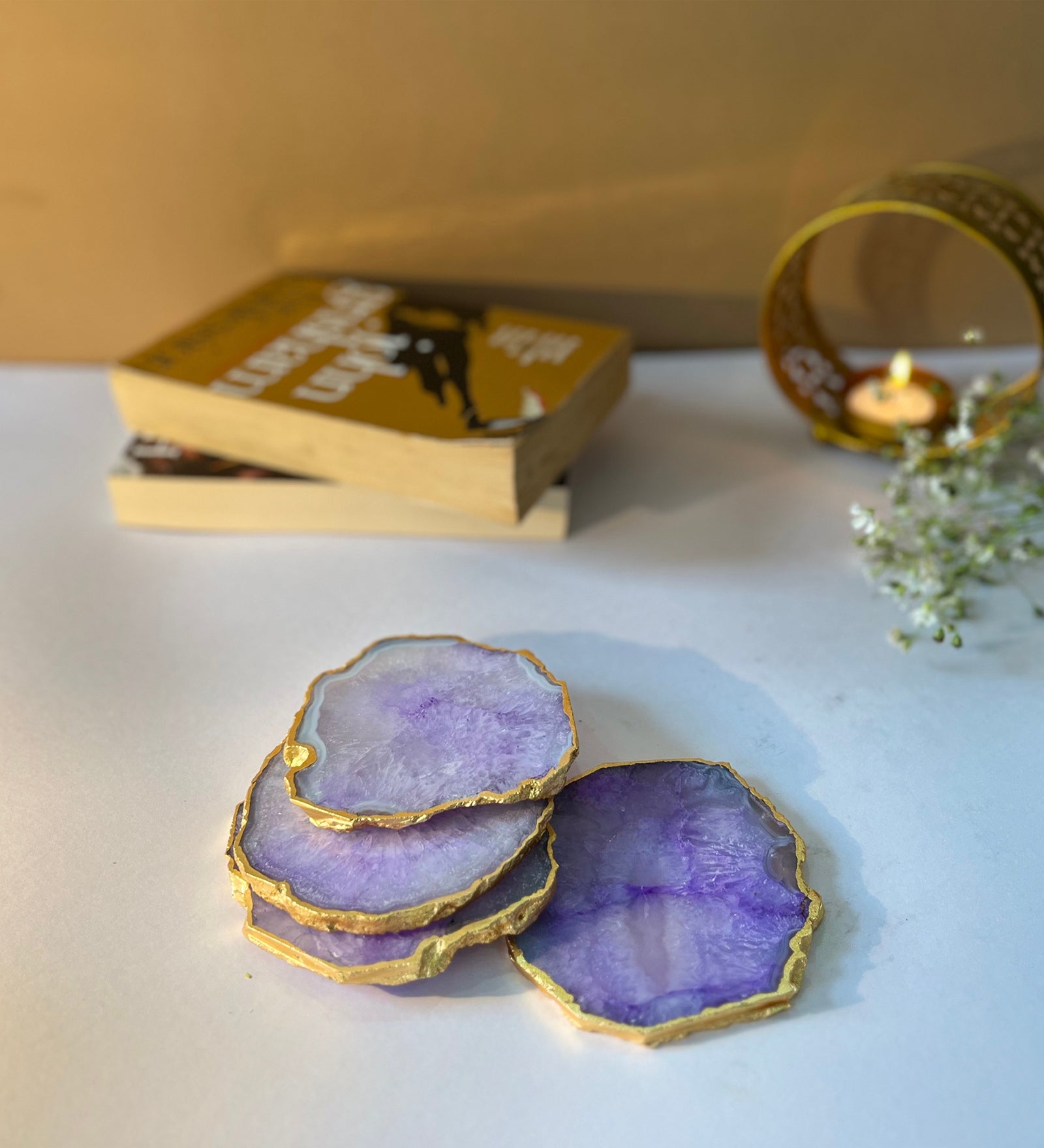 Crystal Agate Coaster Gold Plated Set of 4- Purple