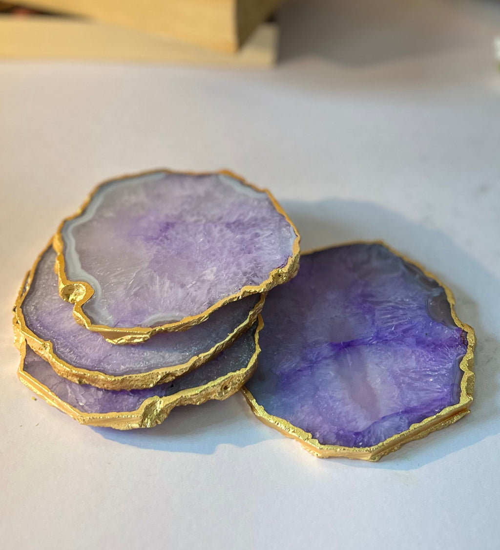 Crystal Agate Coaster Gold Plated Set of 4- Purple