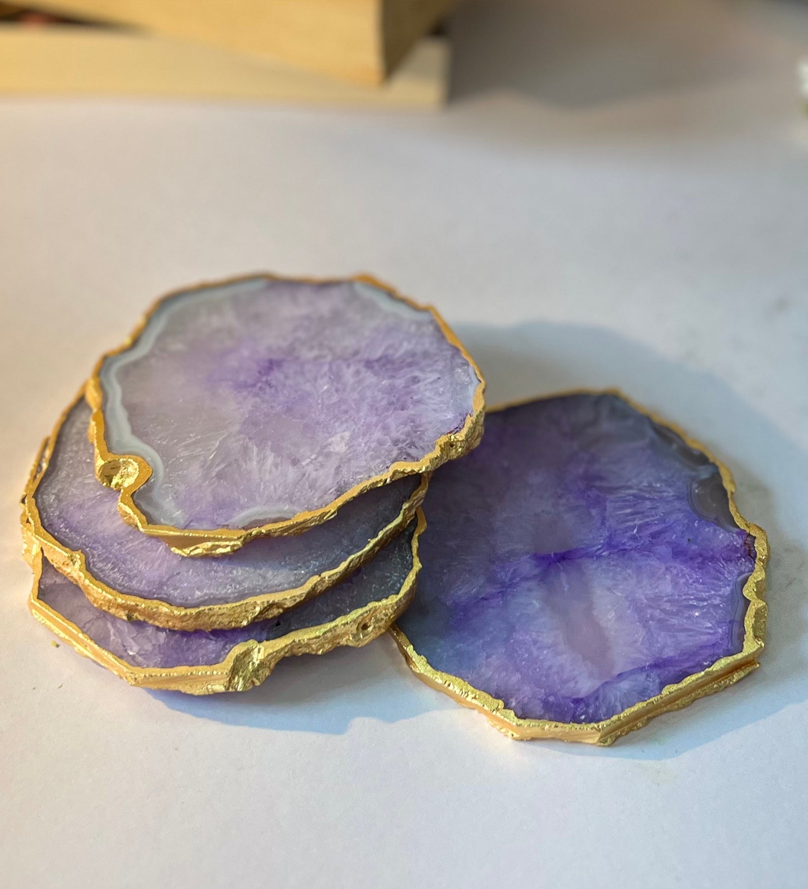 Crystal Agate Coaster Gold Plated Set of 4- Purple