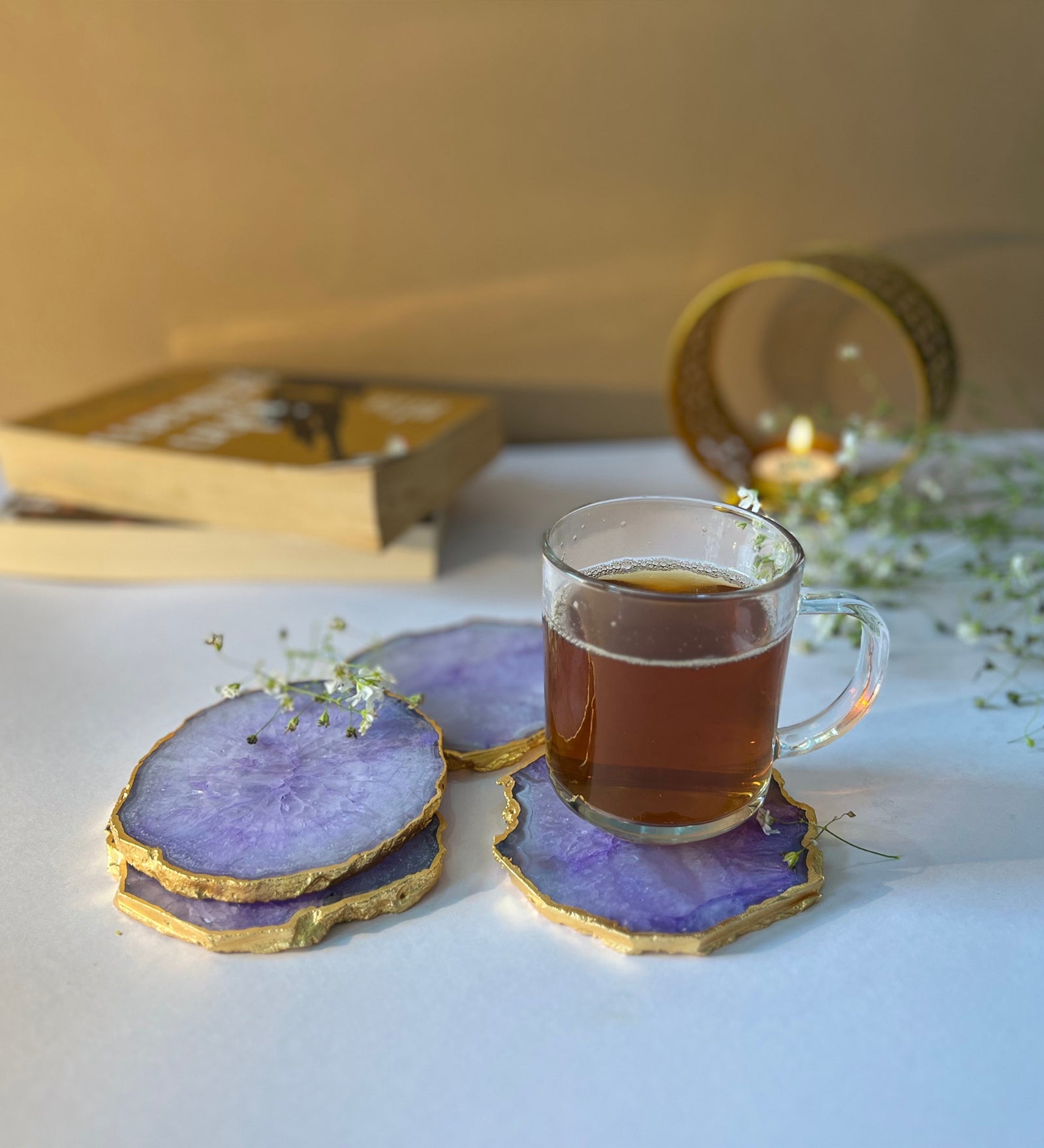 Crystal Agate Coaster Gold Plated Set of 4- Purple
