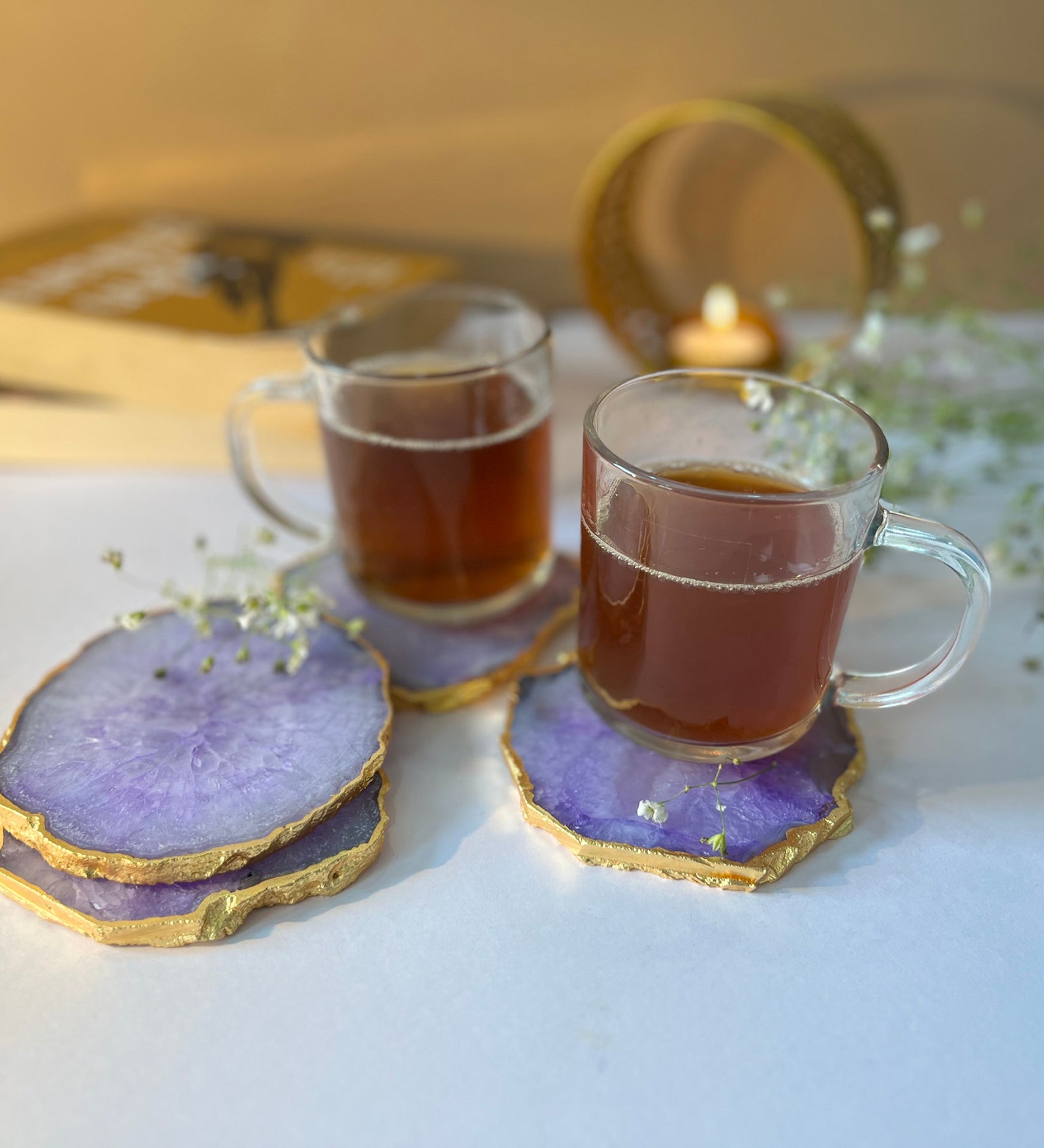 Crystal Agate Coaster Gold Plated Set of 4- Purple