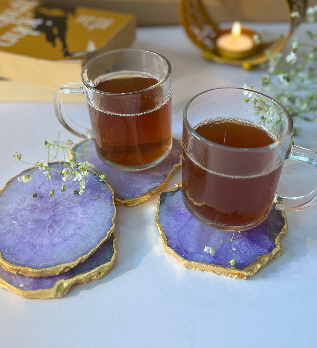 Crystal Agate Coaster Gold Plated Set of 4- Purple