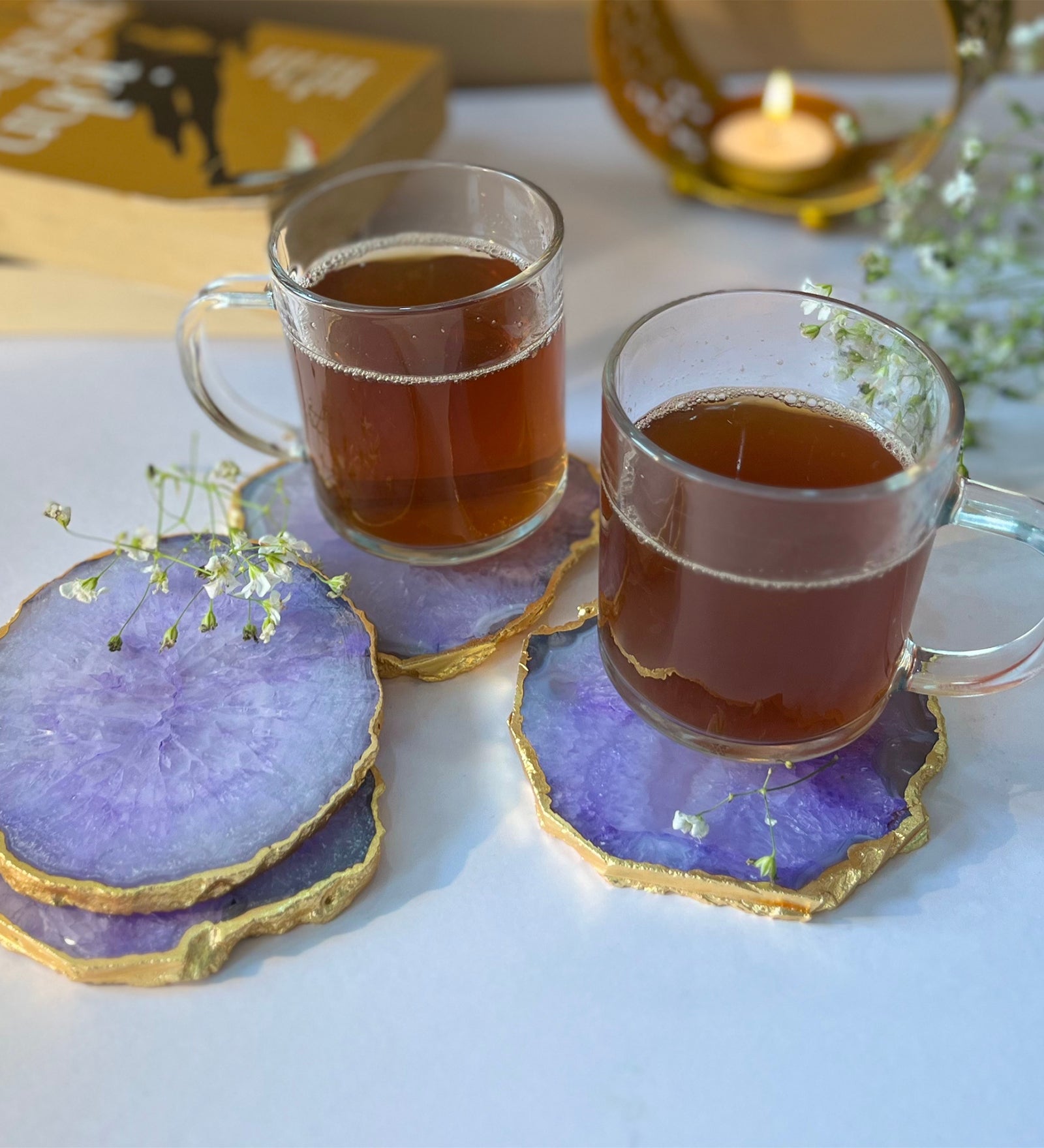 Crystal Agate Coaster Gold Plated Set of 4- Purple