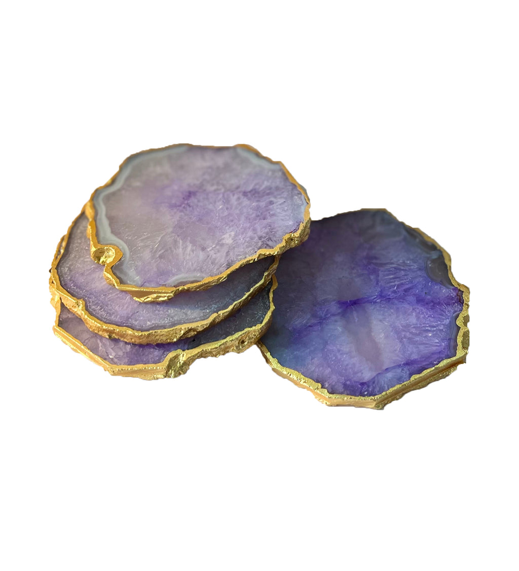 Crystal Agate Coaster Gold Plated Set of 4- Purple