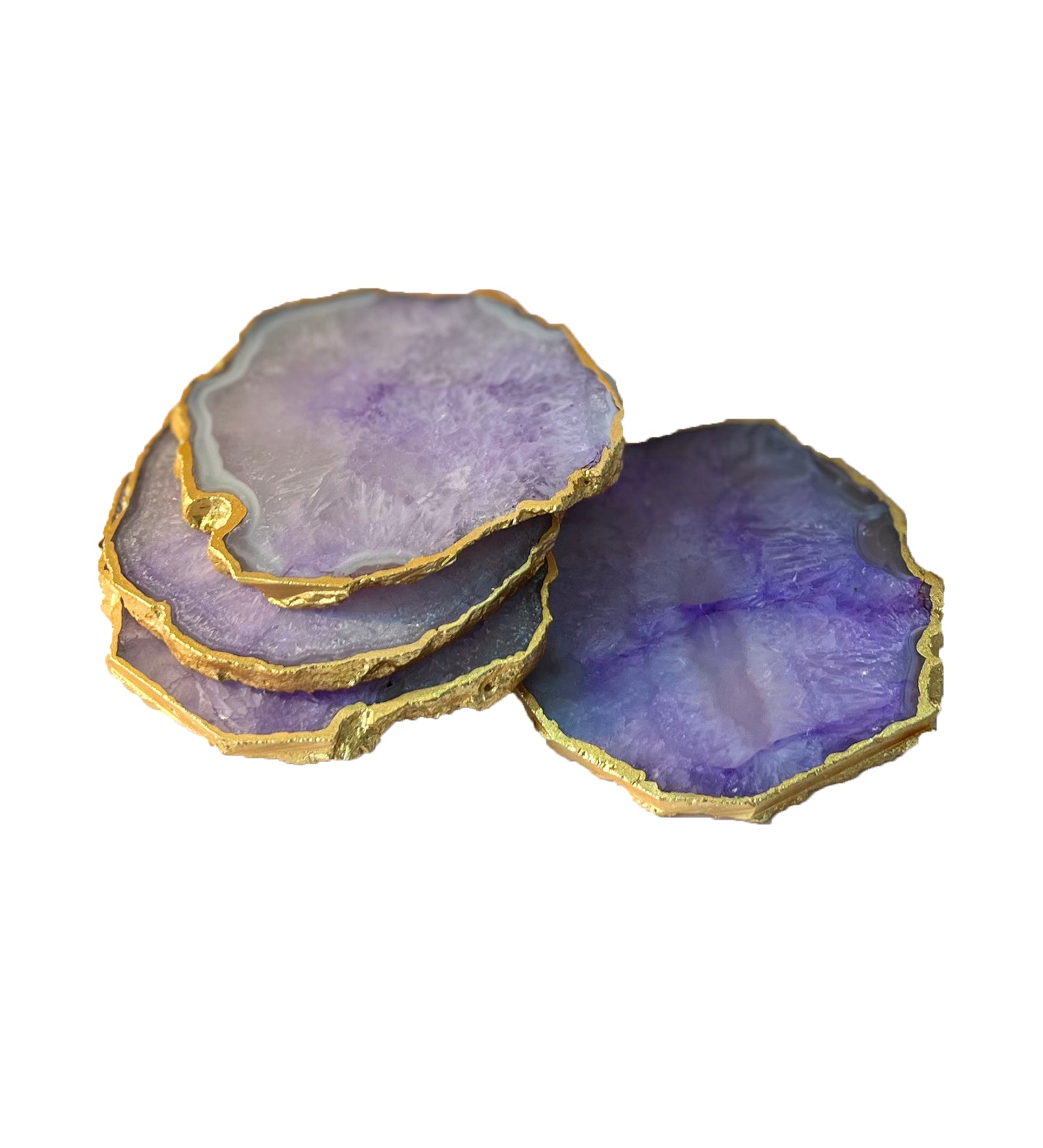 Crystal Agate Coaster Gold Plated Set of 4- Purple