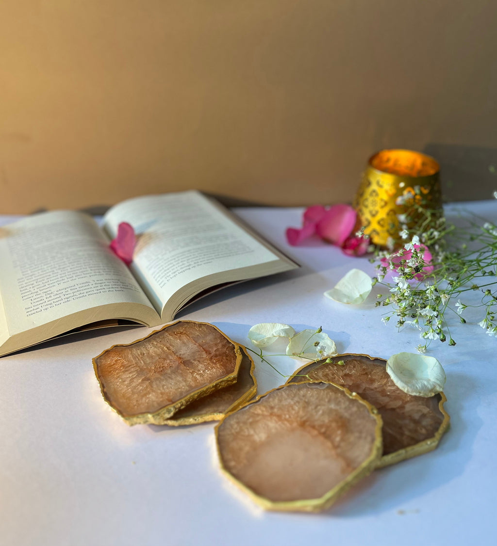 Crystal Agate Coaster Gold Plated Set of 4- Brown