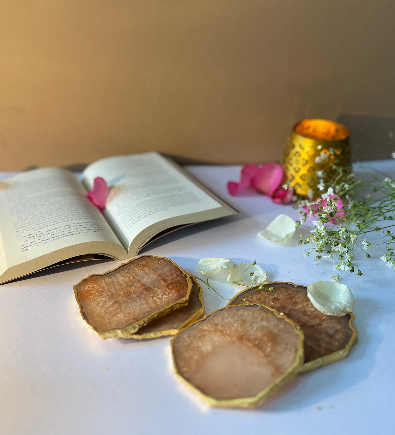 Crystal Agate Coaster Gold Plated Set of 4- Brown