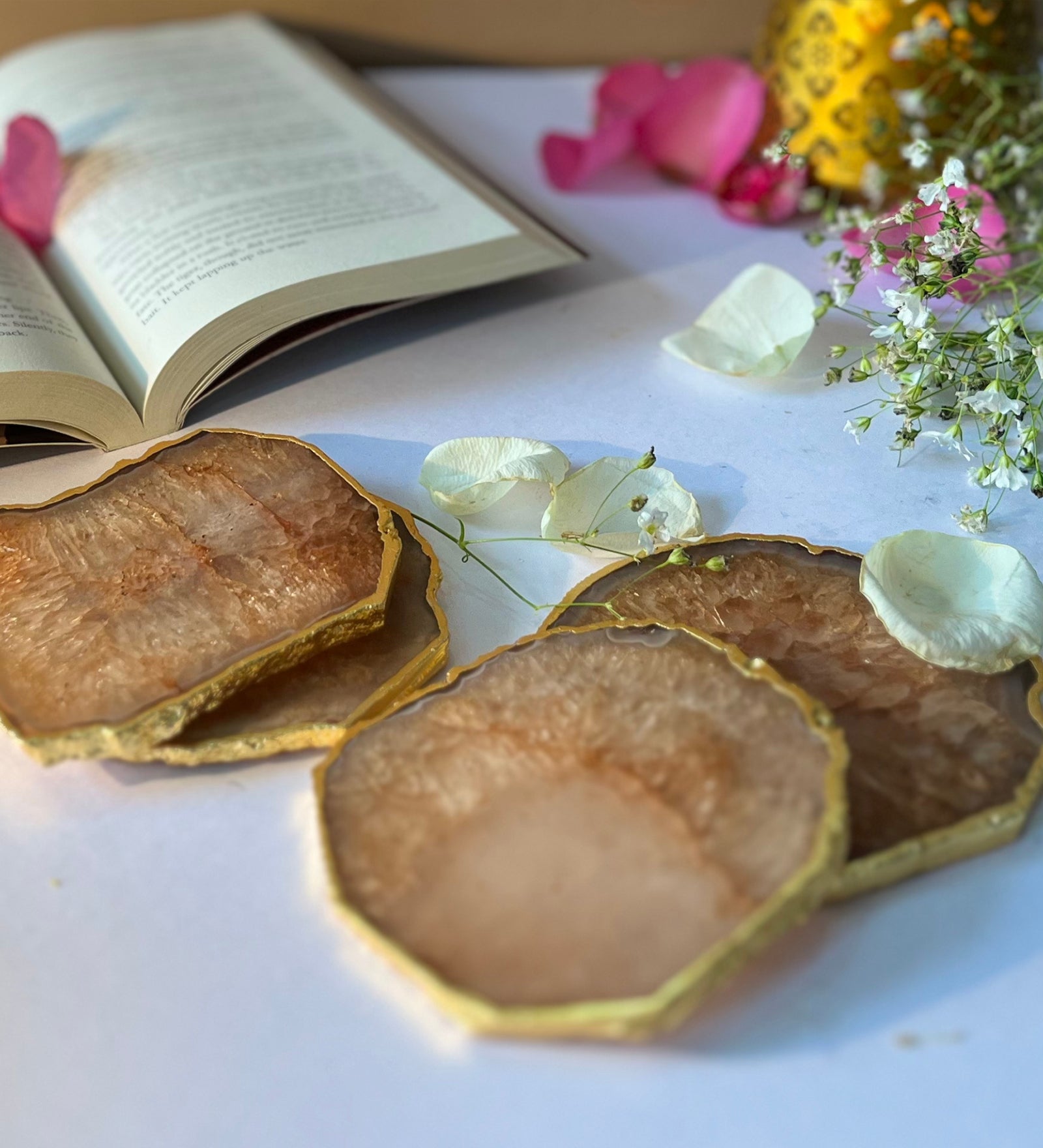 Crystal Agate Coaster Gold Plated Set of 4- Brown