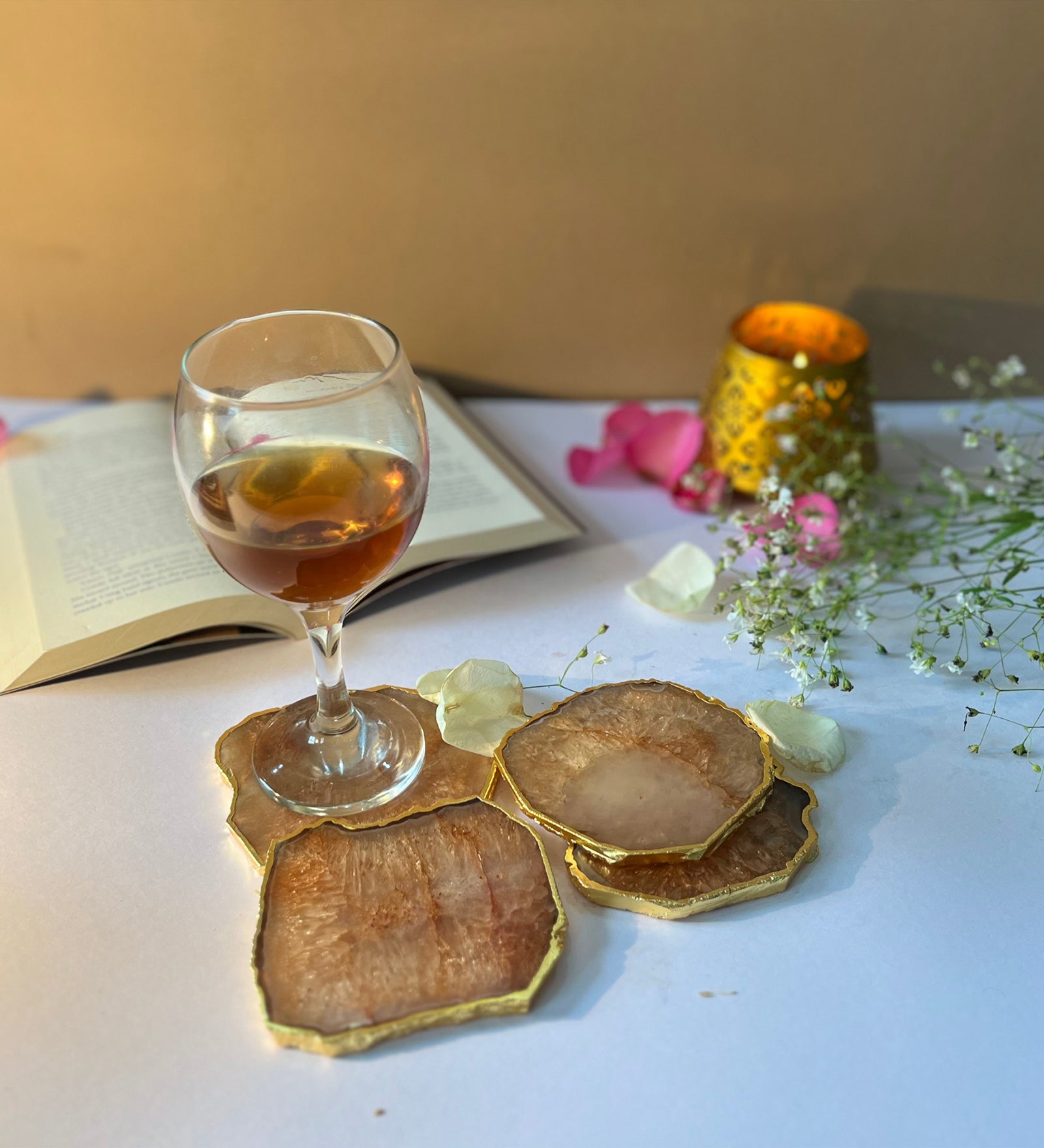 Crystal Agate Coaster Gold Plated Set of 4- Brown