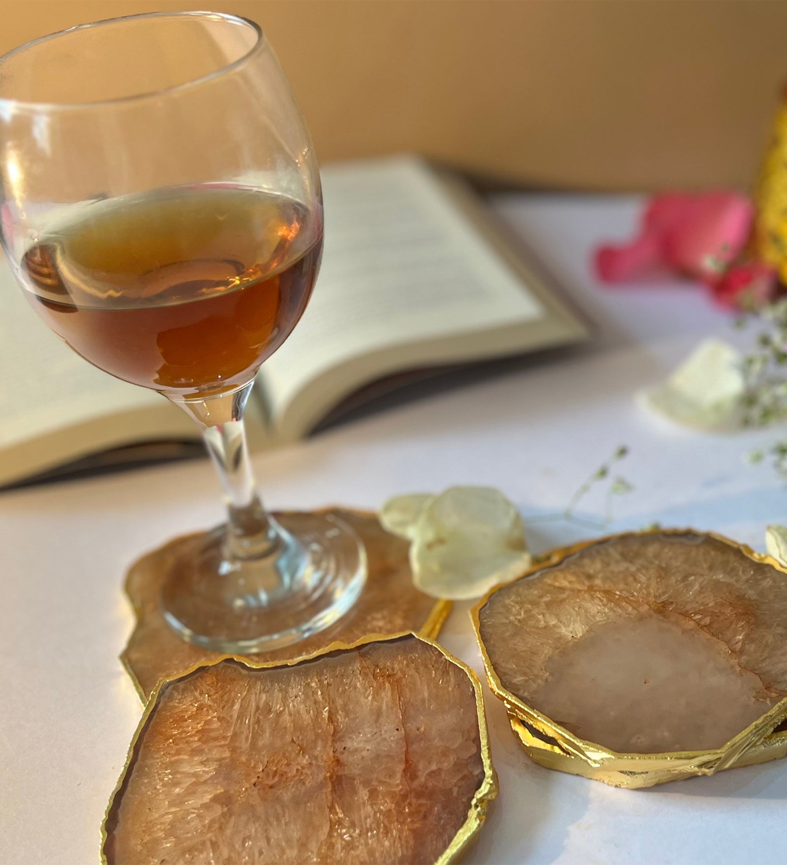 Crystal Agate Coaster Gold Plated Set of 4- Brown