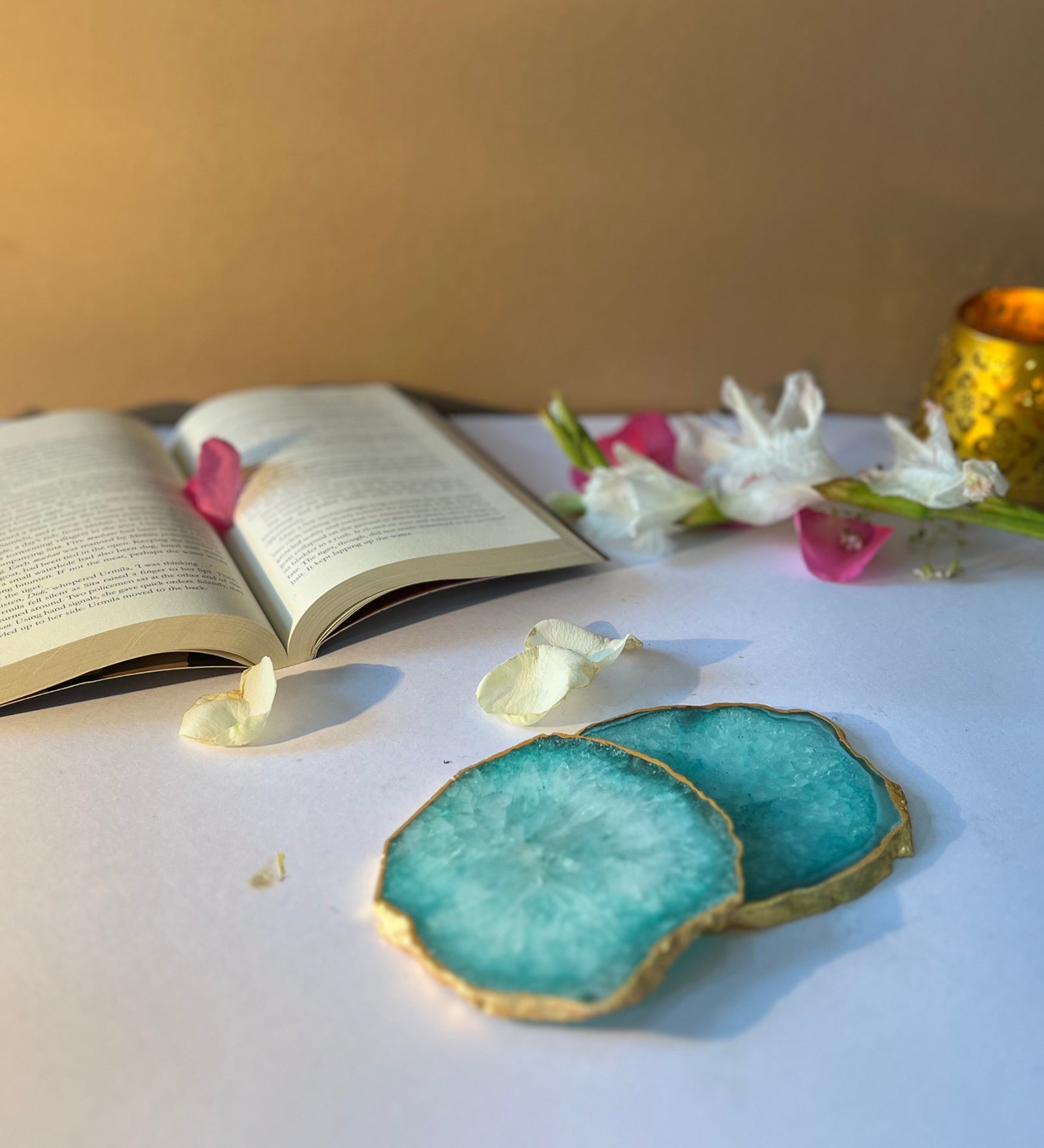 Crystal Agate Coaster Gold Plated Set of 2- Green