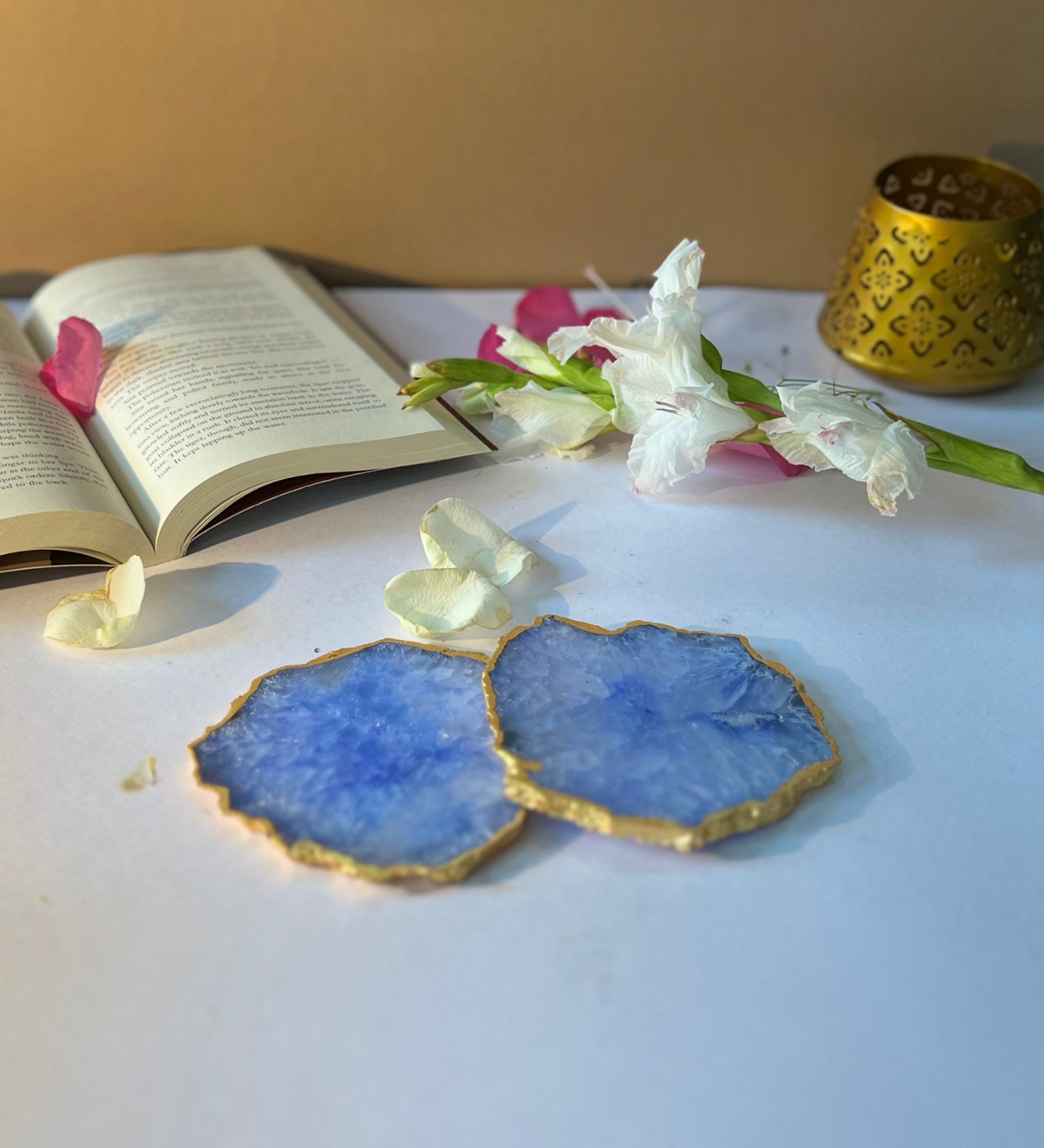 Crystal Agate Coaster Gold Plated Set of 2- Blue