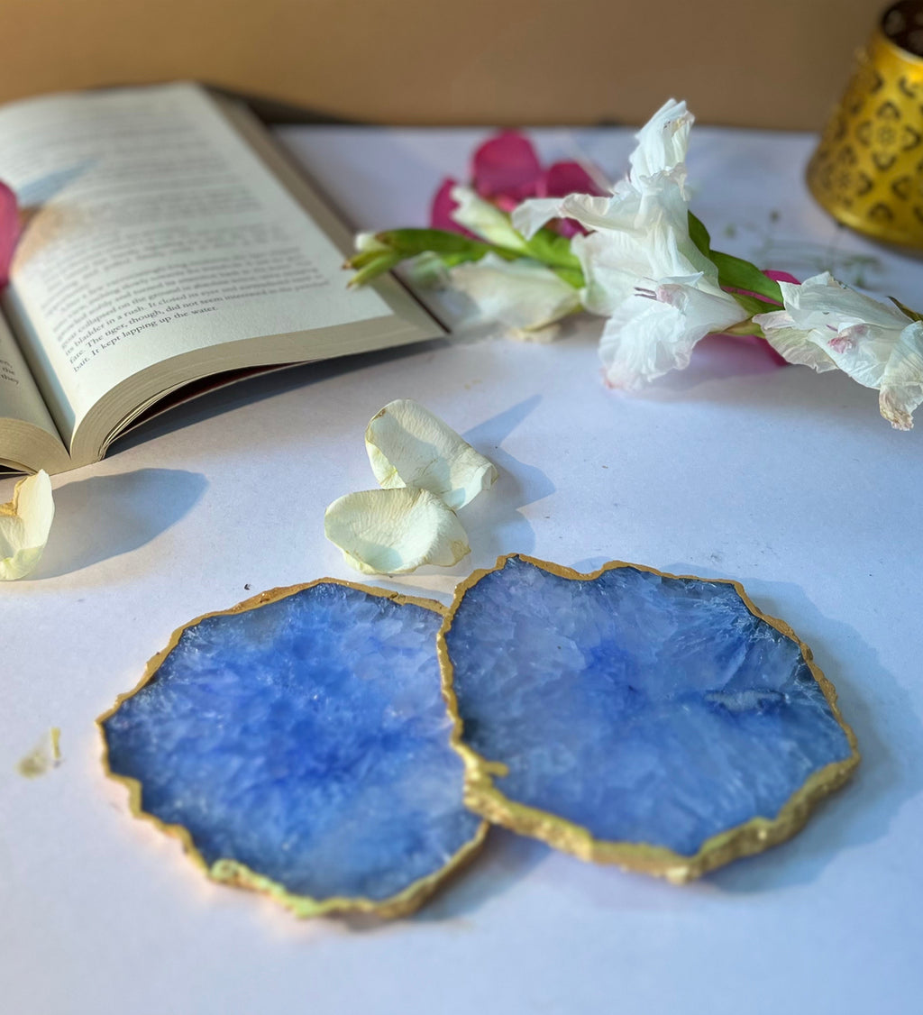 Crystal Agate Coaster Gold Plated Set of 2- Blue