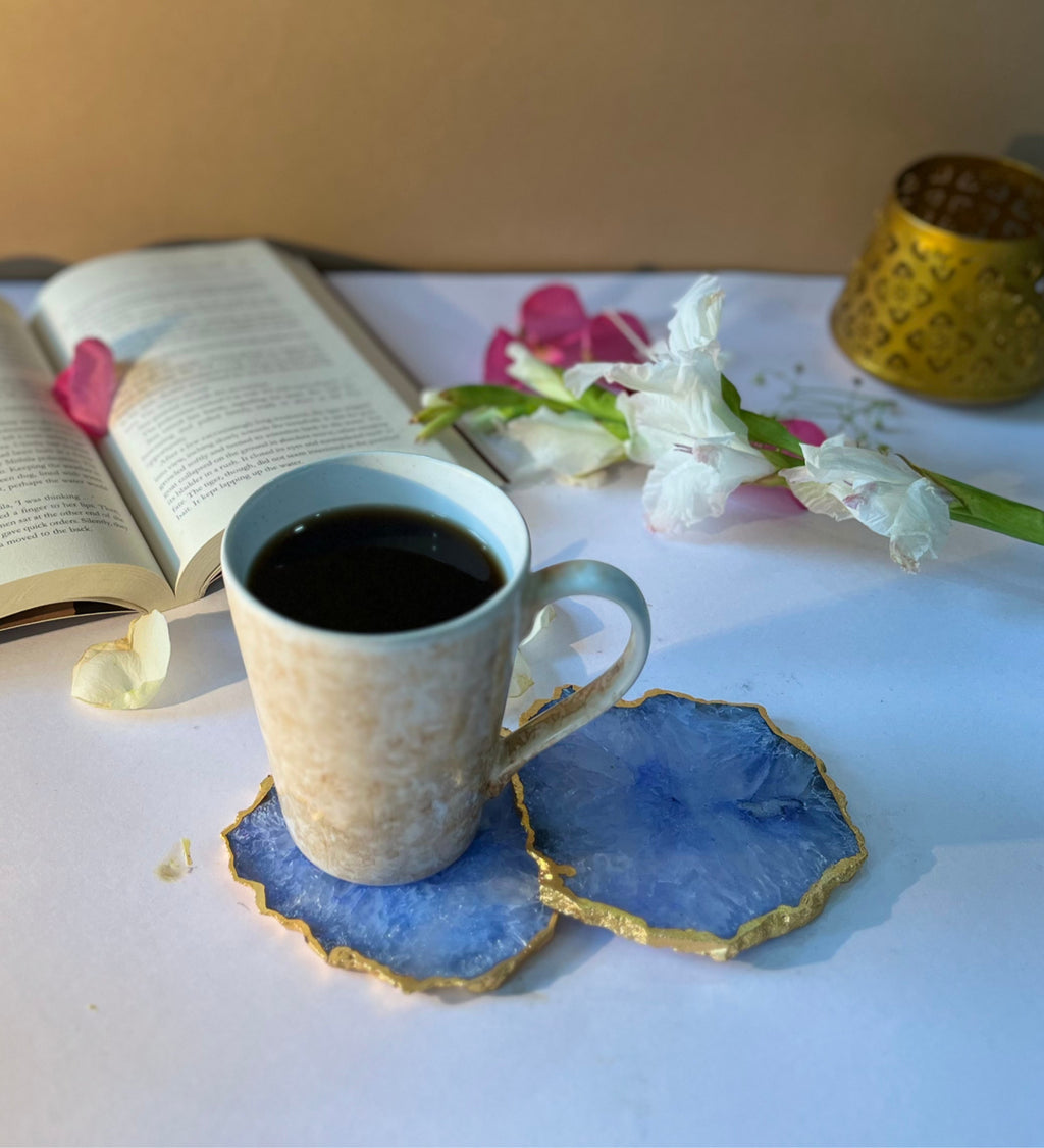 Crystal Agate Coaster Gold Plated Set of 2- Blue