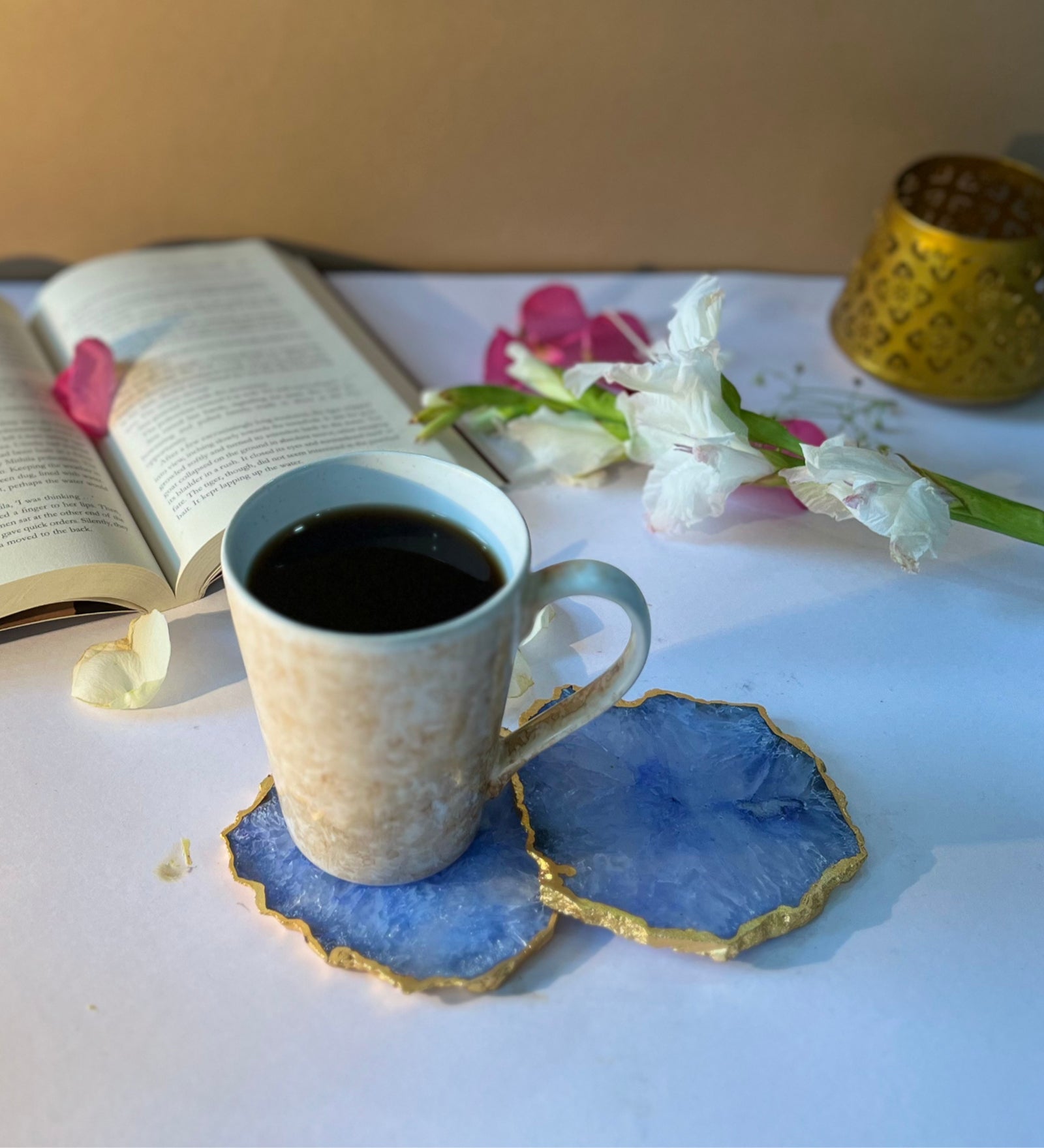 Crystal Agate Coaster Gold Plated Set of 2- Blue